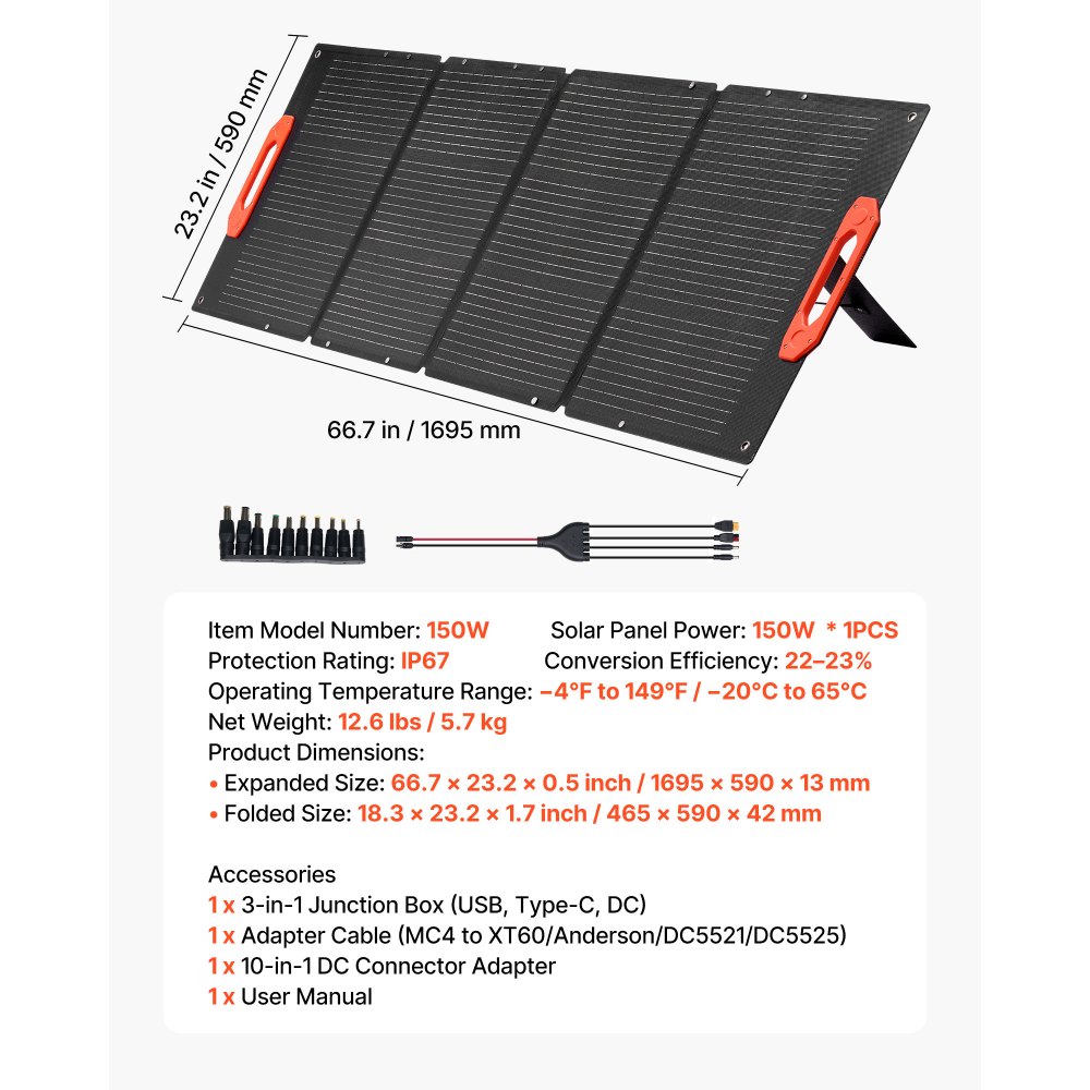 VEVOR Panel Solar Monocristalino Plegable 150 W, Cargador Portátil ETFE Monocristalino con Eficiencia 23 %, Salida MC4, Tipo C, Impermeable IP67 para Centrales Eléctricas, Camping y Senderismo