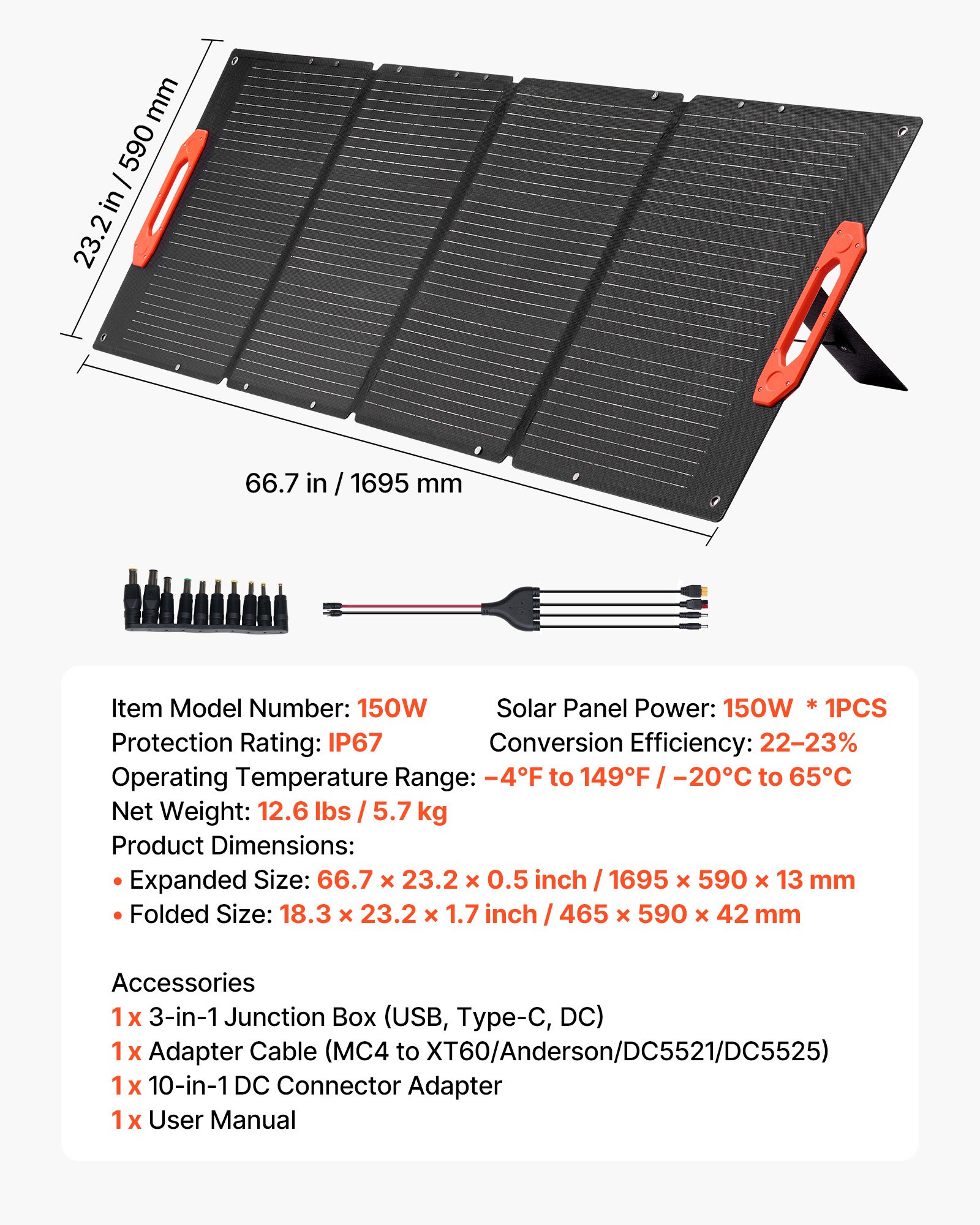 VEVOR Panel Solar Monocristalino Plegable 150 W, Cargador Portátil ETFE Monocristalino con Eficiencia 23 %, Salida MC4, Tipo C, Impermeable IP67 para Centrales Eléctricas, Camping y Senderismo
