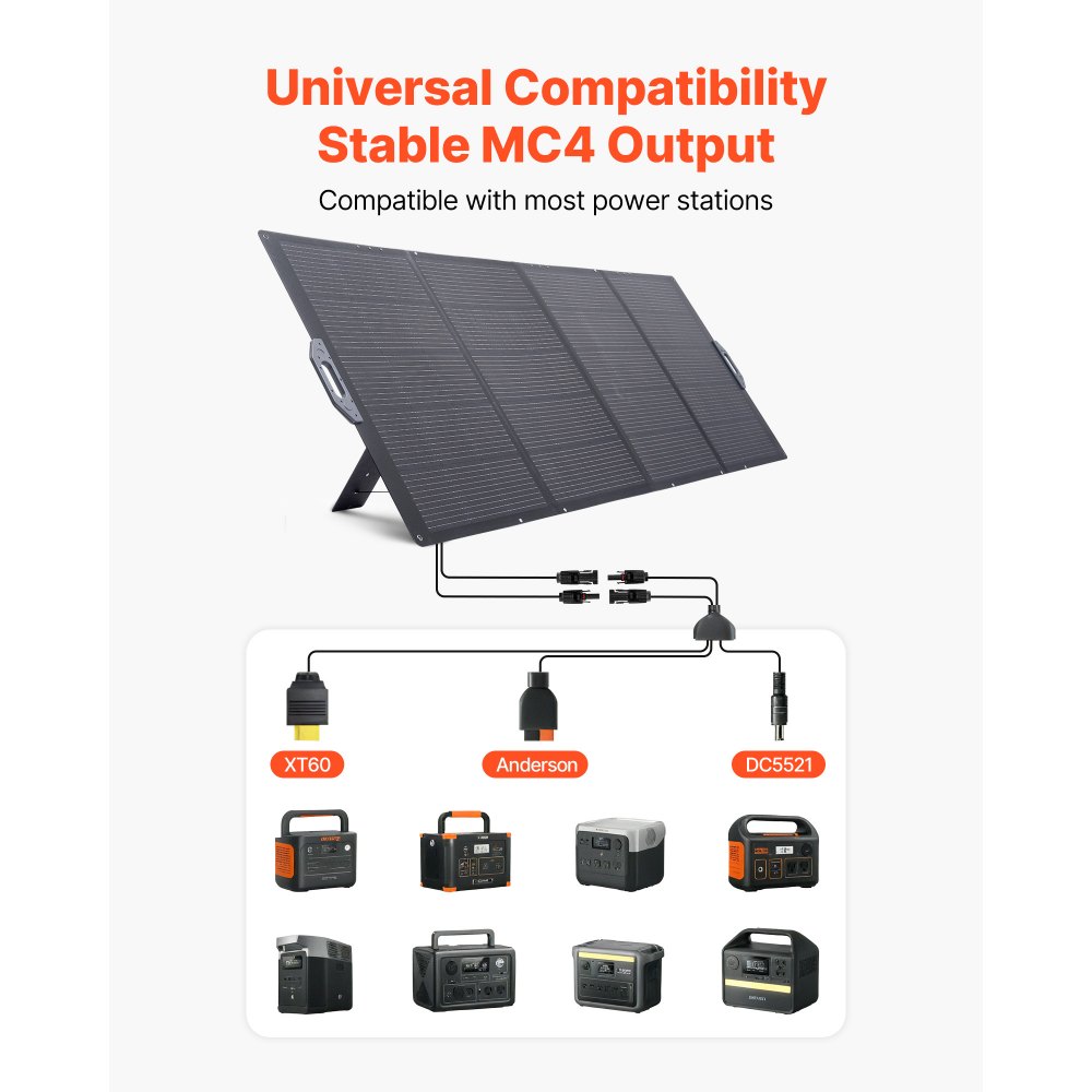 VEVOR Placa Solar Plegable 400W, Panel Solar Monocristalino Portátil, Eficiencia 24%, con Cable de MC4 y Adaptador de Conector, IP67 Impermeable, Compatible con Estaciones de Energía Acampada Viajes