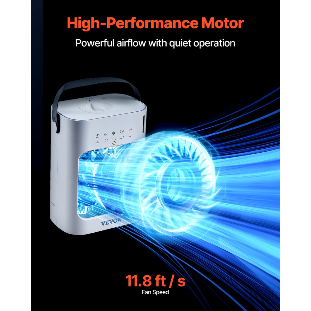 VEVOR Aire Acondicionado Portátil 4 en 1, 3 Velocidades con Temporizador Inteligente 0 a 7 h, 700 ml, Luz de 7 Colores, para Dormitorio, Oficina y Habitación, 3,6 m/s, 212 x 130 x 265 mm, Blanco