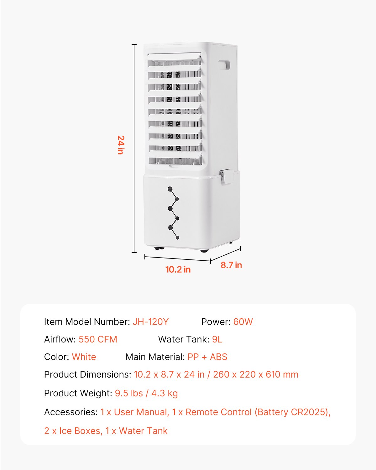 VEVOR Aire Acondicionado Portátil 9 L 550 CFM, con Temporizador de 12 h y Control Remoto, 3 Velocidades, 2 Hieleras, Silencioso y Portátil, para Uso en Interiores y Exteriores, 260 x 220 x 610 mm
