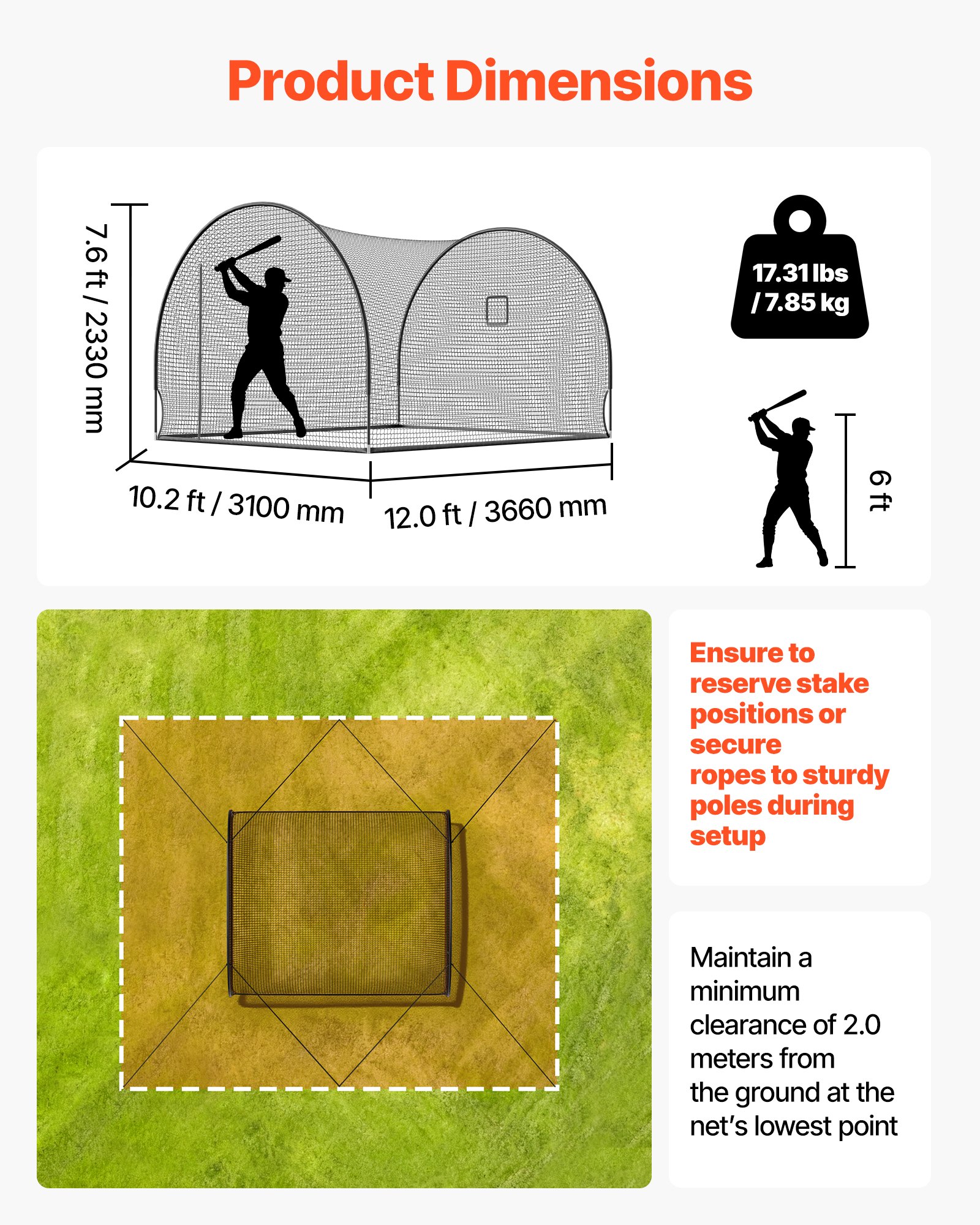 VEVOR Jaula de Bateo de Béisbol 3660 x 3100 x 2330 mm, Red de Bateo Autosoportante y Portátil con Agujero para Máquina de Lanzamiento, Multiuso para Deportes de Pelota, Entrenamiento Exterior Interior