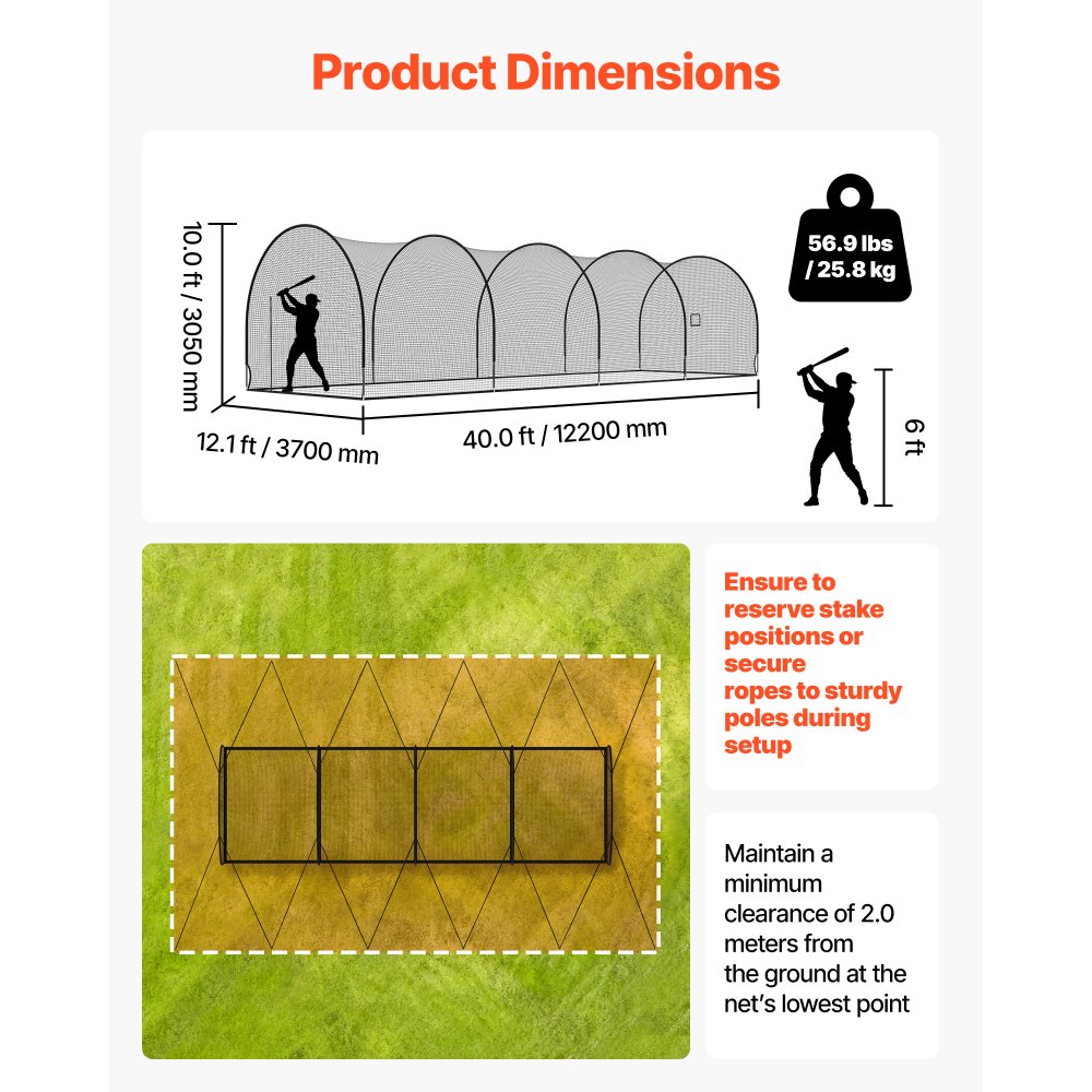 VEVOR Jaula de Bateo Portátil de Béisbol 12200 x 3700 x 3050 mm, Red con Puerta Desmontable y Agujero para Máquina de Lanzamiento, Plástico Reforzado con Vidrio, para Entrenamiento Exterior Interior