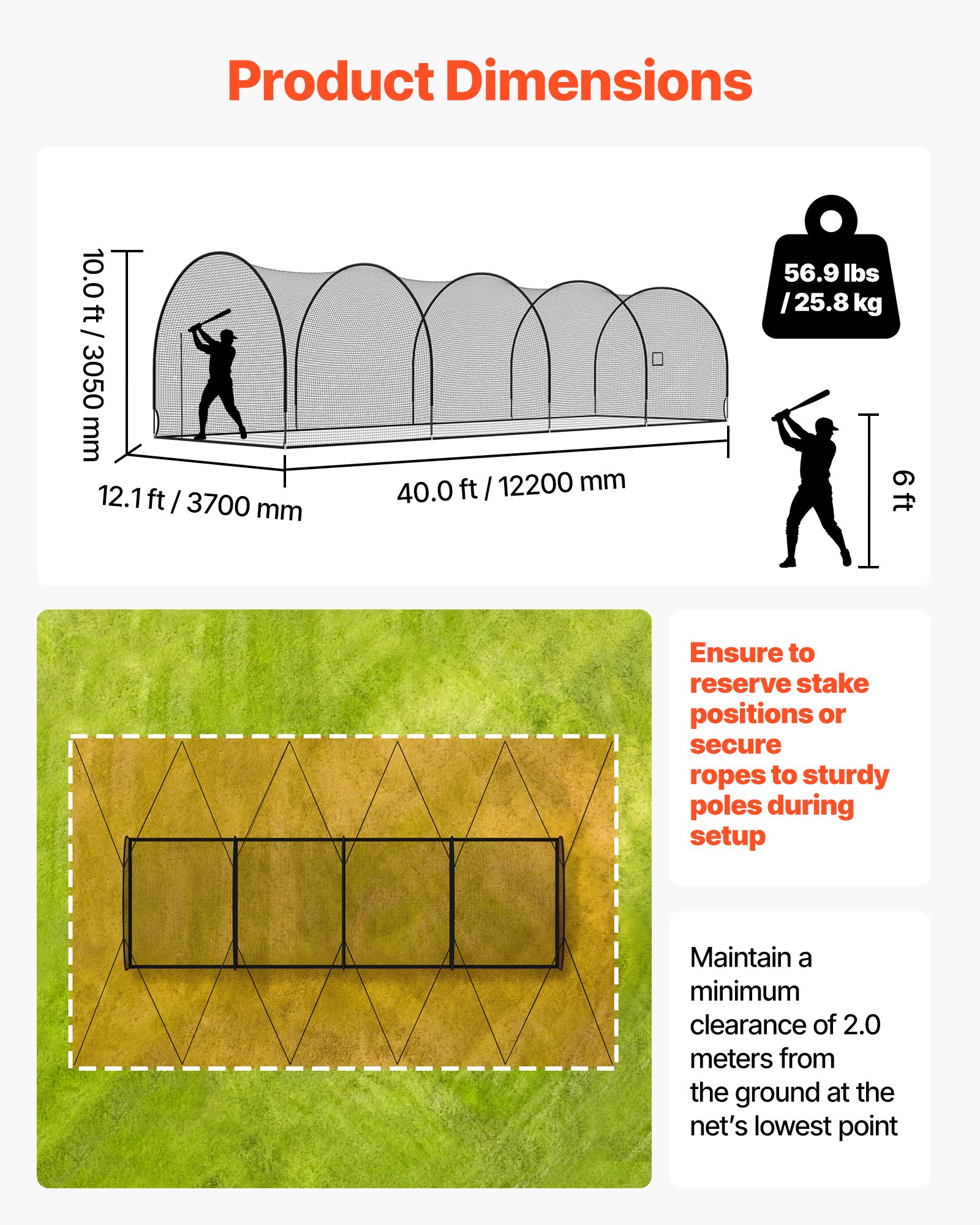 VEVOR Jaula de Bateo Portátil de Béisbol 12200 x 3700 x 3050 mm, Red con Puerta Desmontable y Agujero para Máquina de Lanzamiento, Plástico Reforzado con Vidrio, para Entrenamiento Exterior Interior