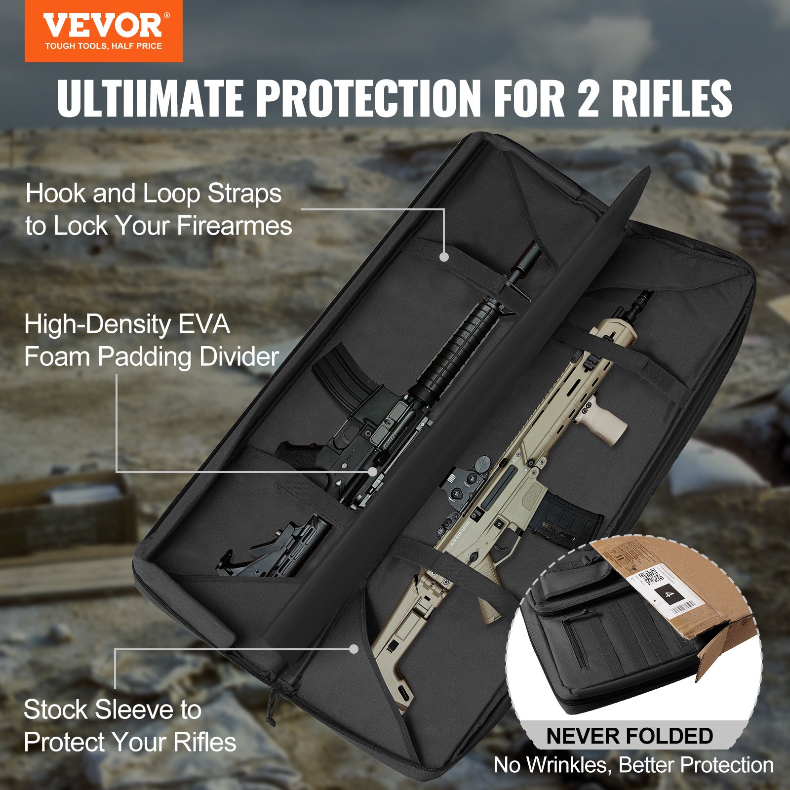 Bolsa táctica VEVOR que asegura dos rifles con correas de velcro, divisor de espuma EVA y funda para culata.