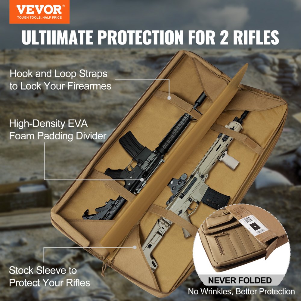 VEVOR Rifle Bag, 1 pc., Gun Bag, 1066.8 mm Portable Long Gun Case for 2 Rifles & 2 Pistols, Hunting Rifle Bag, Brown, Waterproof Gun Bag with Molle System