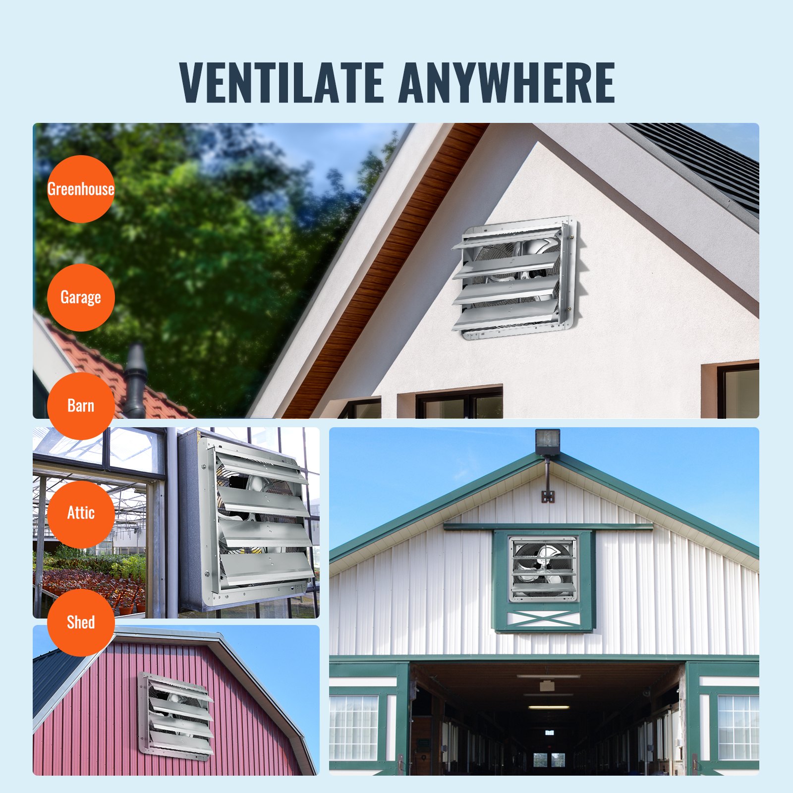 VEVOR exhaust fan, 406 mm, 1400 rpm, 1506 CFM, aluminum wall-mounted fan with AC motor, ventilation and cooling for greenhouses, garages, sheds, shops