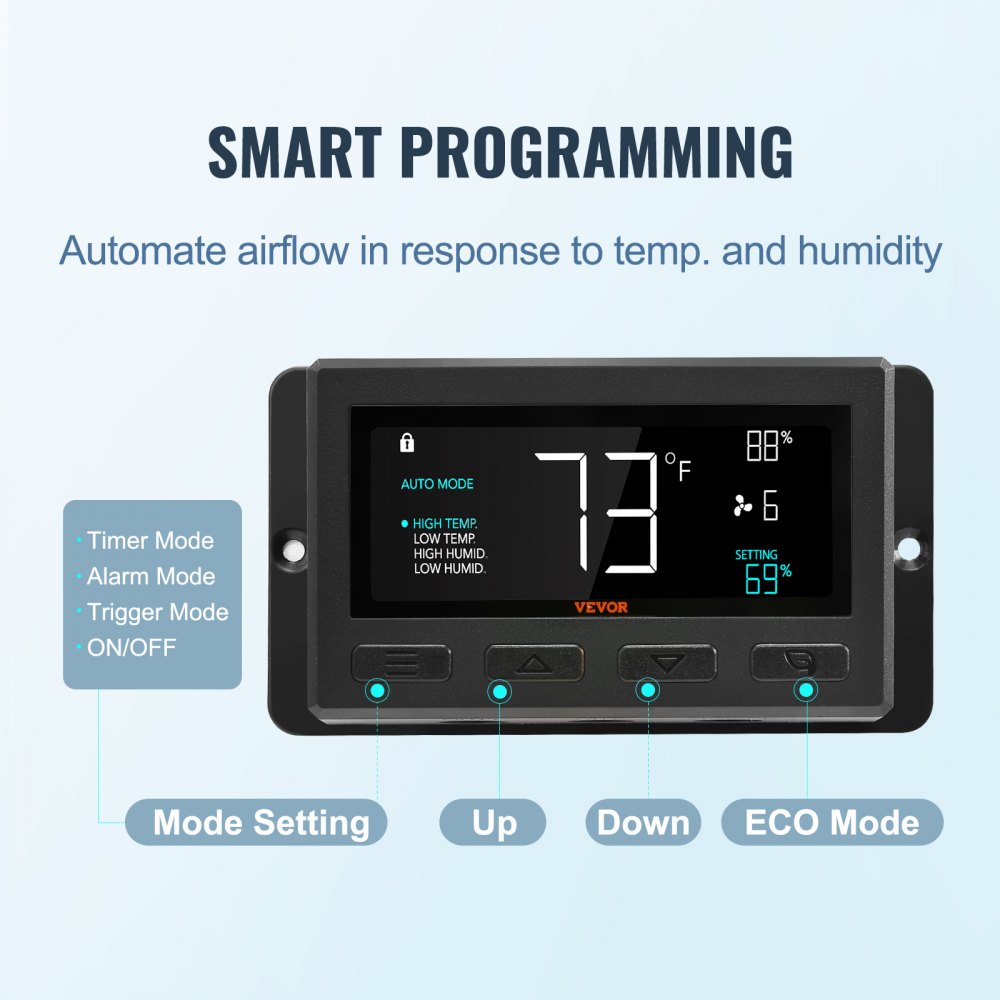 VEVOR Extractor de Persiana con Controlador de Temperatura y Humedad, Motor EC, 820 CFM, Ático de Montaje en Pared Ajustable de 10 Velocidades, para Invernaderos, Garajes, Cobertizos, 26,2 x 26,2 cm