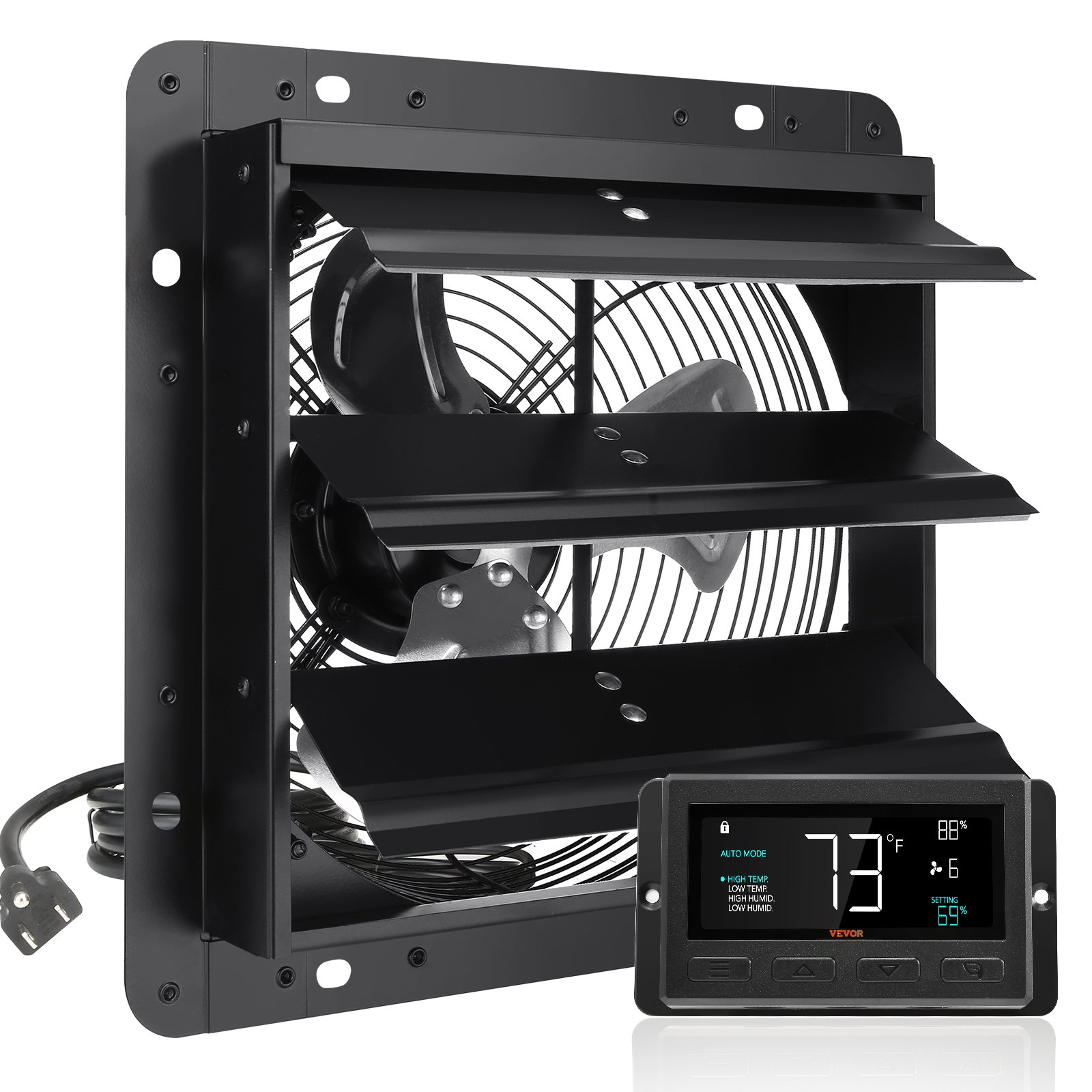 VEVOR Extractor de Persiana con Controlador de Temperatura y Humedad, Motor EC, 820 CFM, Ático de Montaje en Pared Ajustable de 10 Velocidades, para Invernaderos, Garajes, Cobertizos, 26,2 x 26,2 cm