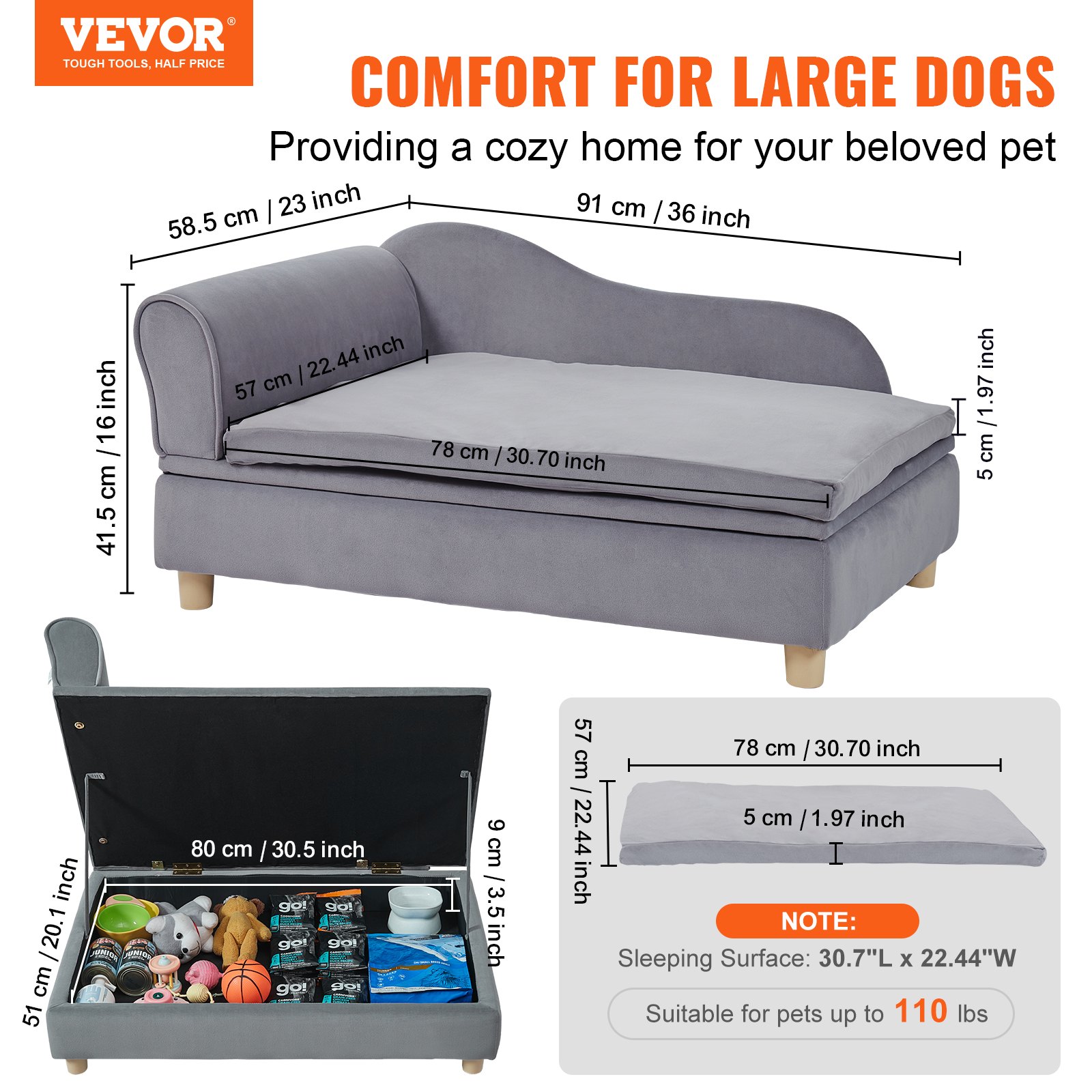 VEVOR Sofá para Mascotas, Sofá para Perros y Gatos de Gran Tamaño, Sofá Cama Suave y Aterciopelado para Perros, Sofá para Gatos de Carga de 50 kg, 910 x 585 x 415 mm, Gris, Peso de Sofá de 10,2 kg
