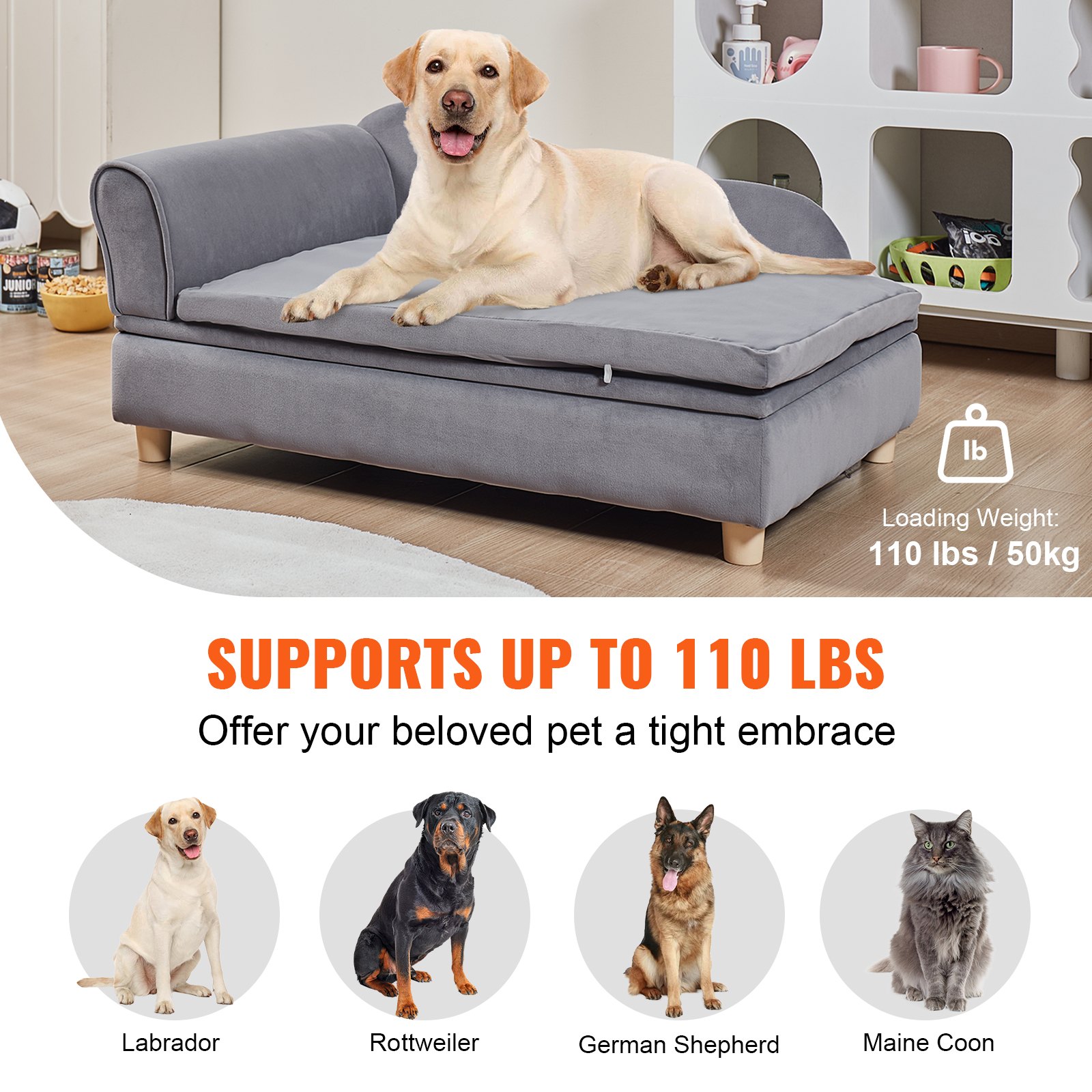 VEVOR Sofá para Mascotas, Sofá para Perros y Gatos de Gran Tamaño, Sofá Cama Suave y Aterciopelado para Perros, Sofá para Gatos de Carga de 50 kg, 910 x 585 x 415 mm, Gris, Peso de Sofá de 10,2 kg