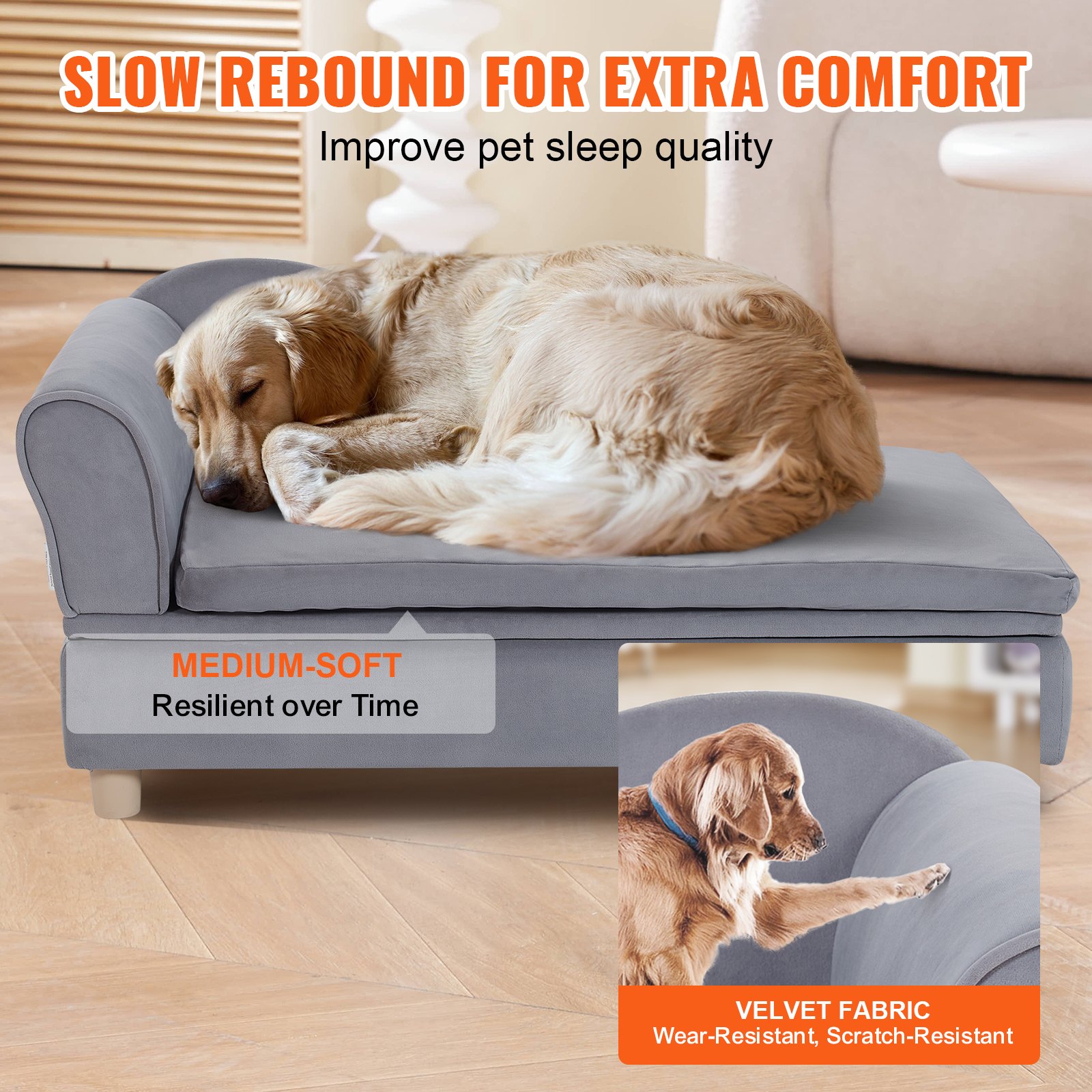 VEVOR Sofá para Mascotas, Sofá para Perros y Gatos de Gran Tamaño, Sofá Cama Suave y Aterciopelado para Perros, Sofá para Gatos de Carga de 50 kg, 910 x 585 x 415 mm, Gris, Peso de Sofá de 10,2 kg