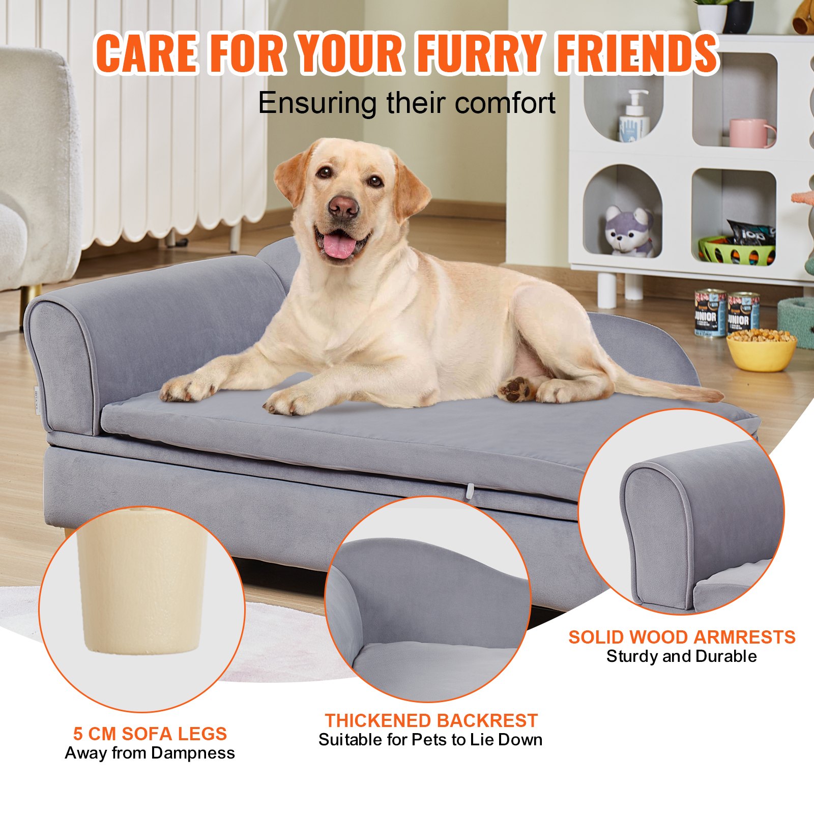 VEVOR Sofá para Mascotas, Sofá para Perros y Gatos de Gran Tamaño, Sofá Cama Suave y Aterciopelado para Perros, Sofá para Gatos de Carga de 50 kg, 910 x 585 x 415 mm, Gris, Peso de Sofá de 10,2 kg