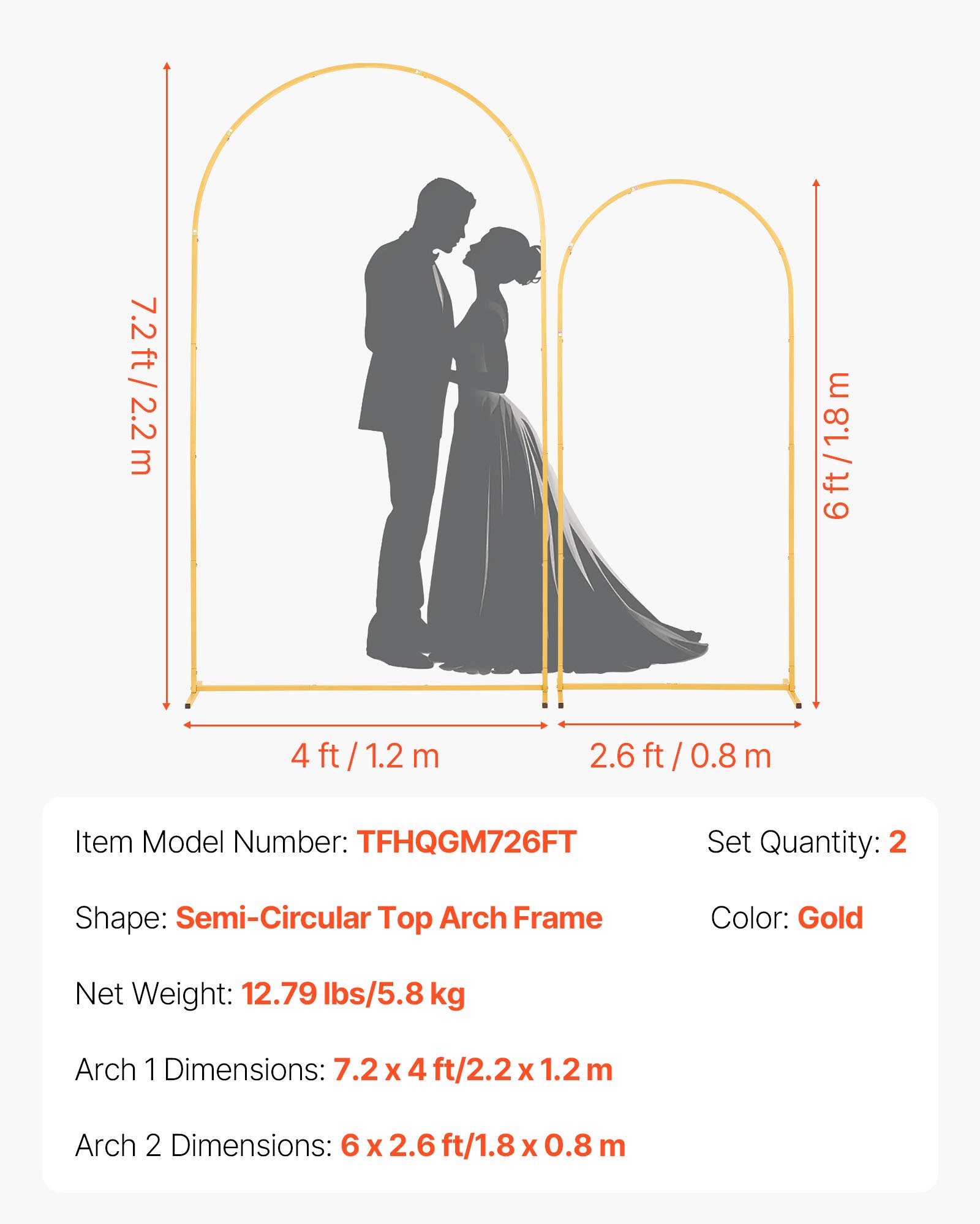 VEVOR Arco de Metal para Rosas 2 Piezas 2,2 x 1,2 m y 1,8 x 0,8 m, Soporte de Arco para Fondo Estructura Estable, para Decoración de Bodas, Fiestas de Cumpleaños, Celebraciones, Ceremonias, Dorado