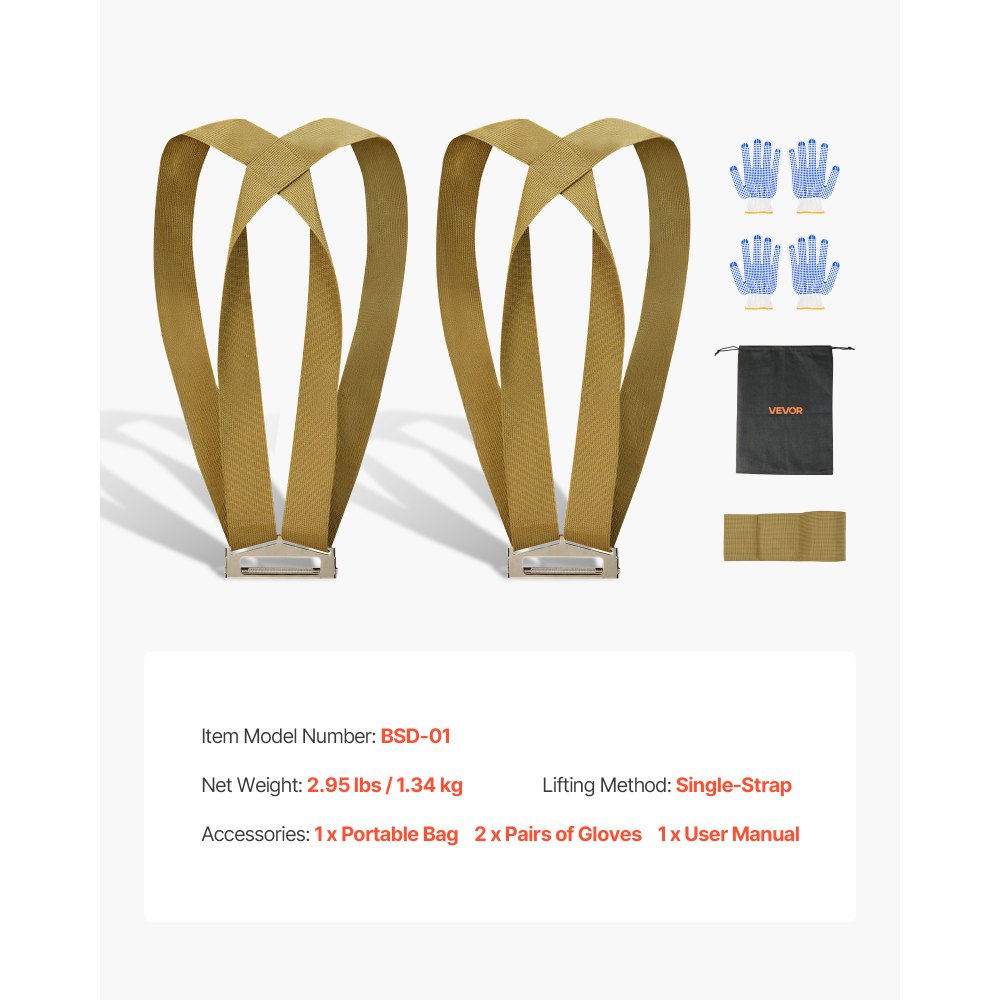 VEVOR Correas de Elevación Ajustables, Soporta hasta 453,6 kg, Sistema de Elevación y Transporte para 2 Personas, Correas de Hombro para Muebles, Electrodomésticos y Colchones, Cinturón Simple