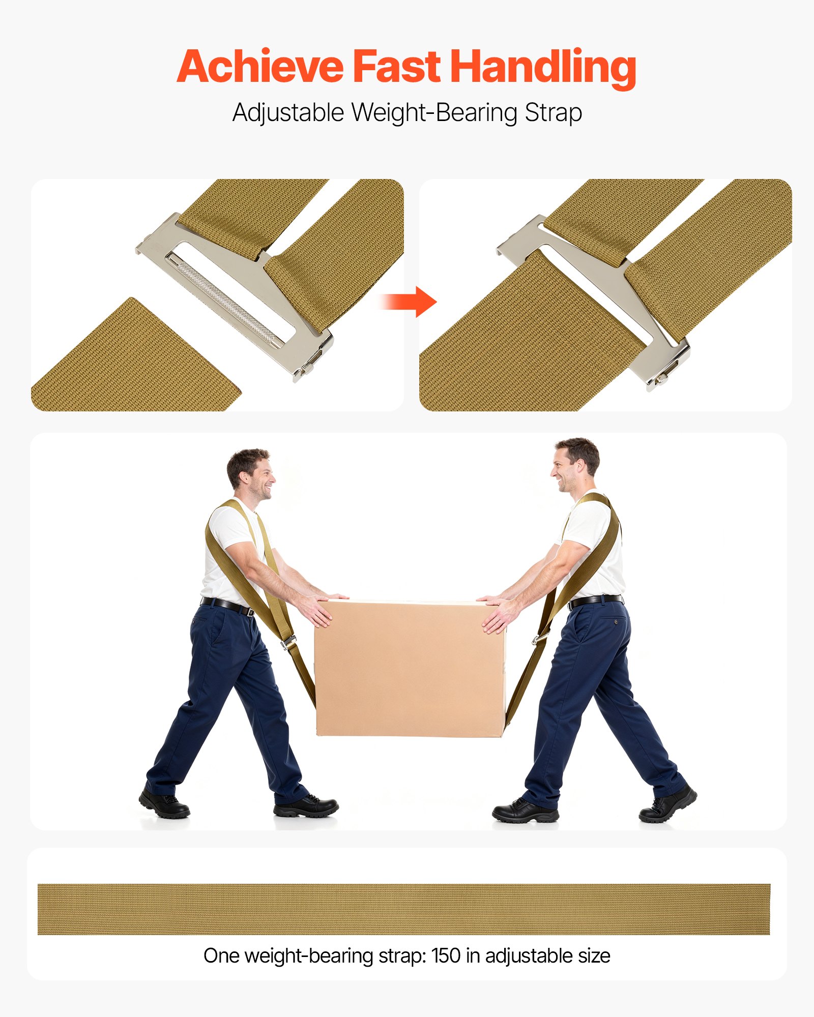 VEVOR Correas de Elevación Ajustables, Soporta hasta 453,6 kg, Sistema de Elevación y Transporte para 2 Personas, Correas de Hombro para Muebles, Electrodomésticos y Colchones, Cinturón Simple