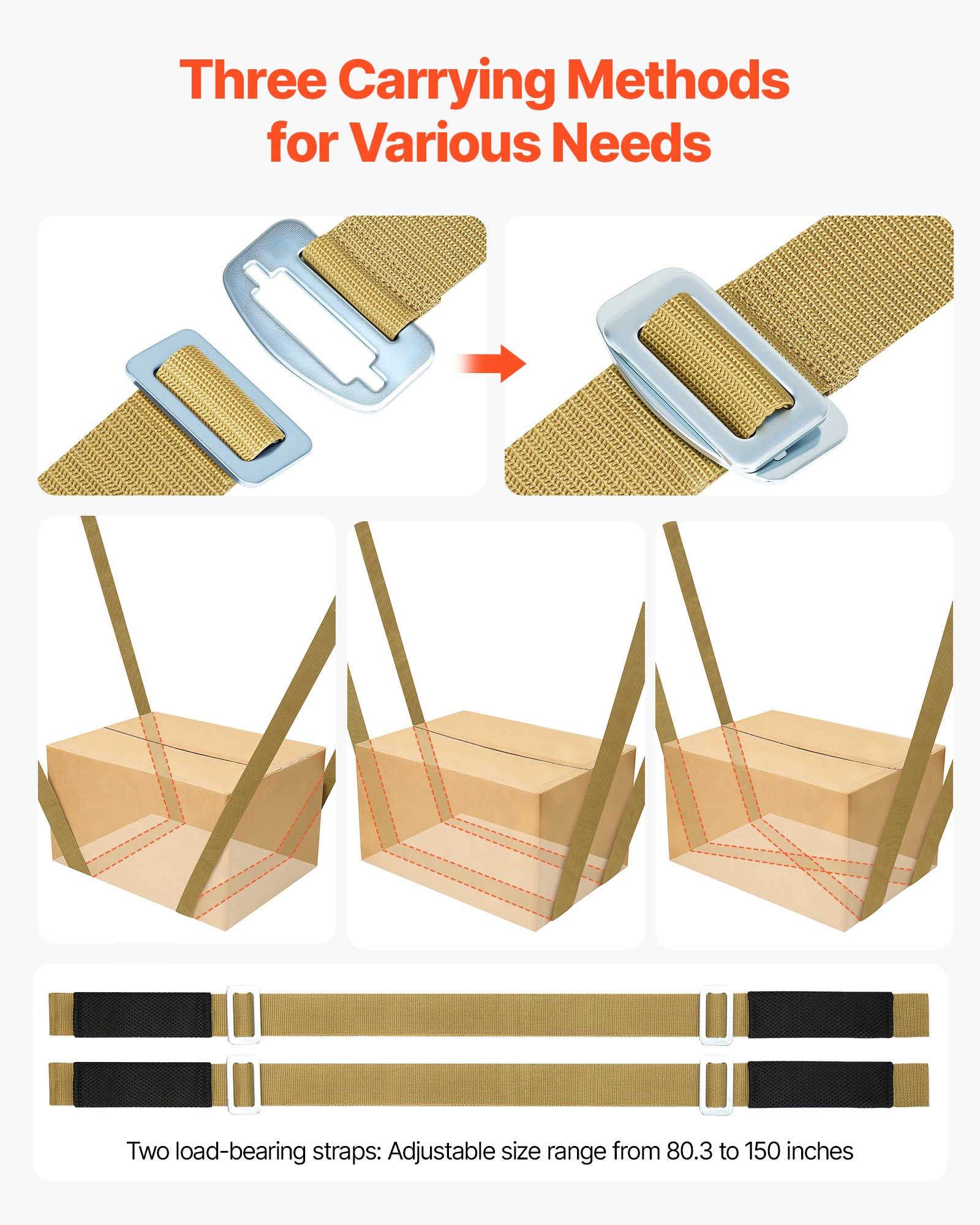 VEVOR Correas de Mudanza Ajustables, Soporta hasta 454 kg, Sistema de Elevación y Transporte para 2 Personas con 2 Correas y 2 de Transporte, para Mover Muebles, Electrodomésticos y Colchones