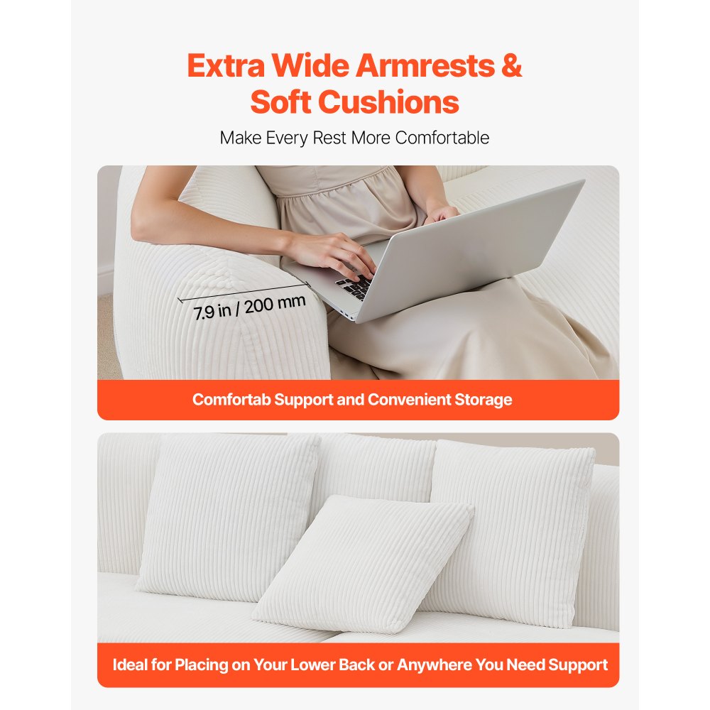 VEVOR Sofá Modular Curvo, 1020 x 2840 x 780 mm, Moderno y Lujoso Sofá Seccional de Pana con 4 Cojines y Asiento Ancho y Profundo, para Sala de Estar, Dormitorio, Apartamento y Oficina, Blanco