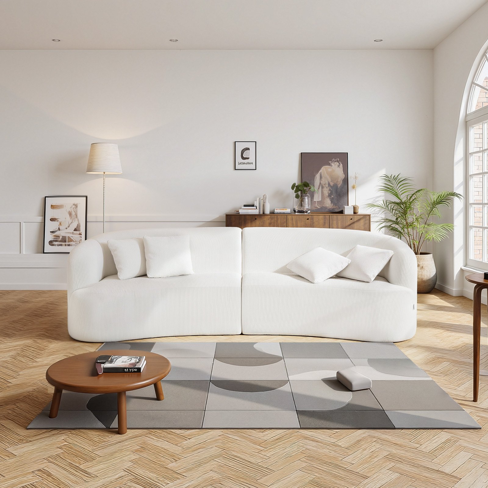 VEVOR Sofá Modular Curvo, 1020 x 2840 x 780 mm, Moderno y Lujoso Sofá Seccional de Pana con 4 Cojines y Asiento Ancho y Profundo, para Sala de Estar, Dormitorio, Apartamento y Oficina, Blanco