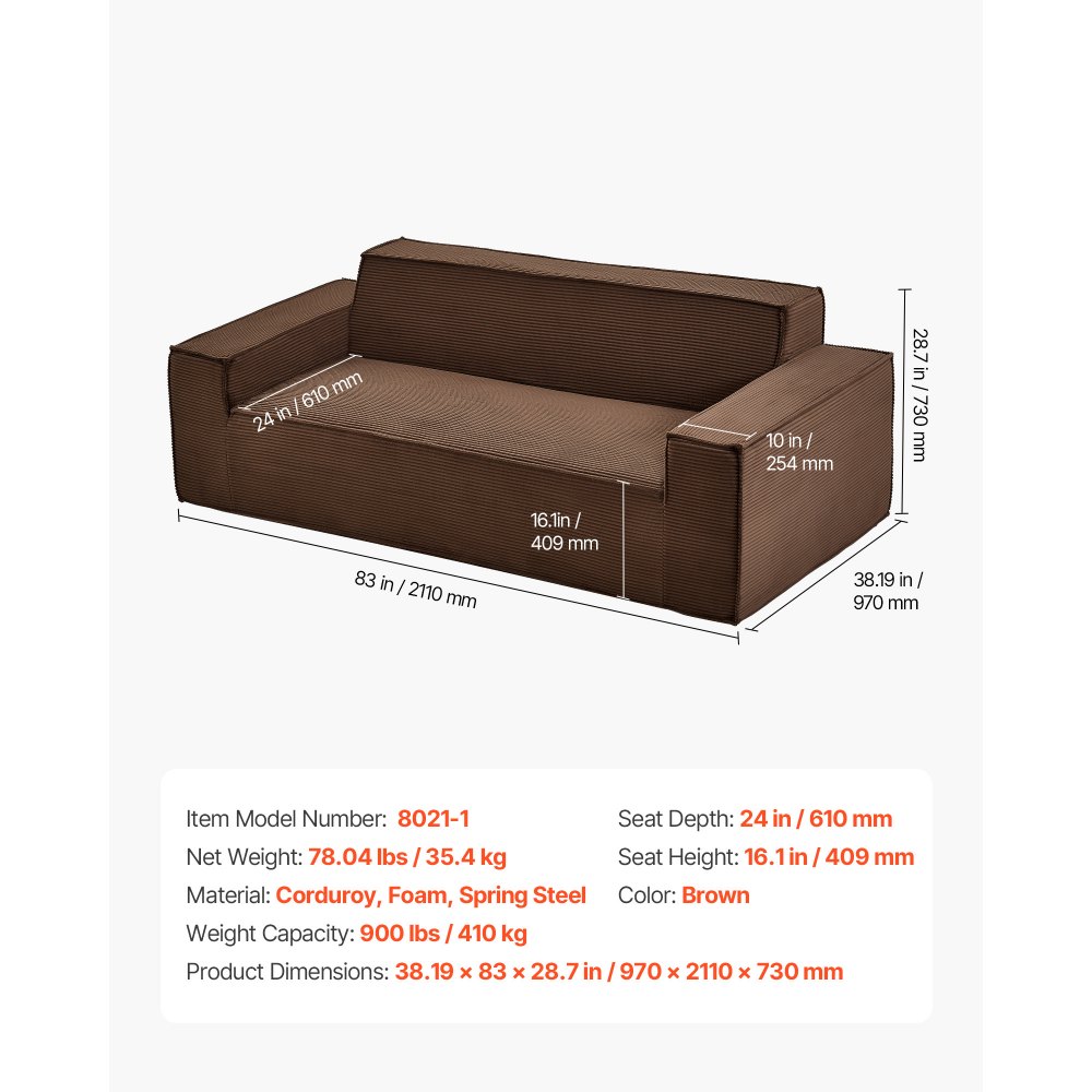 VEVOR Sofá Modular Multiplaza, 970 x 2110 x 730 mm, Cómodo Sofá de Nube de Pana con Asientos Profundos, Amplios Reposabrazos, Ideal para Salón, Dormitorio, Apartamento y Oficina, Color Marrón