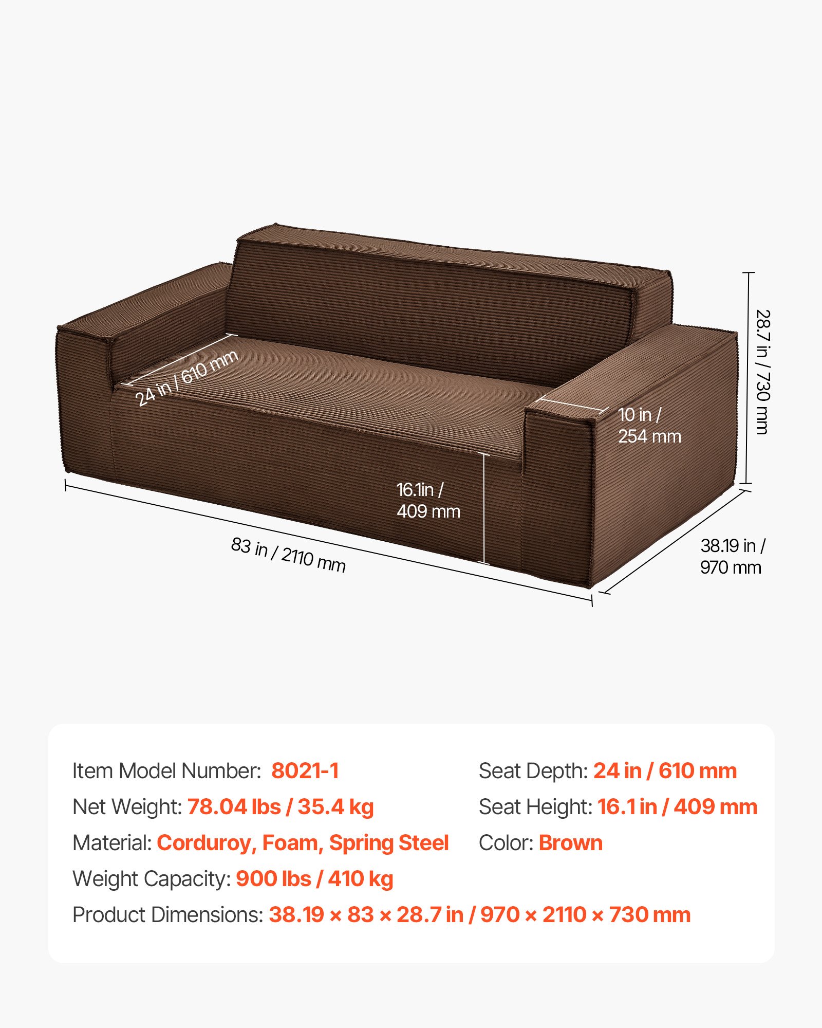 VEVOR Sofá Modular Multiplaza, 970 x 2110 x 730 mm, Cómodo Sofá de Nube de Pana con Asientos Profundos, Amplios Reposabrazos, Ideal para Salón, Dormitorio, Apartamento y Oficina, Color Marrón