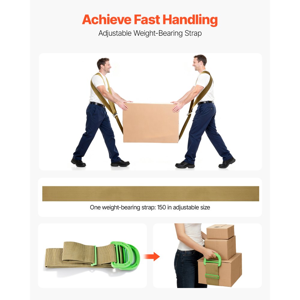 VEVOR Correas de Transporte Ajustables, Sistema de Elevación y Transporte para 2 Personas con 2 Correas, 1 de Transporte y 1 de Mano, para Muebles, Electrodomésticos y Colchones, Cinturón Simple
