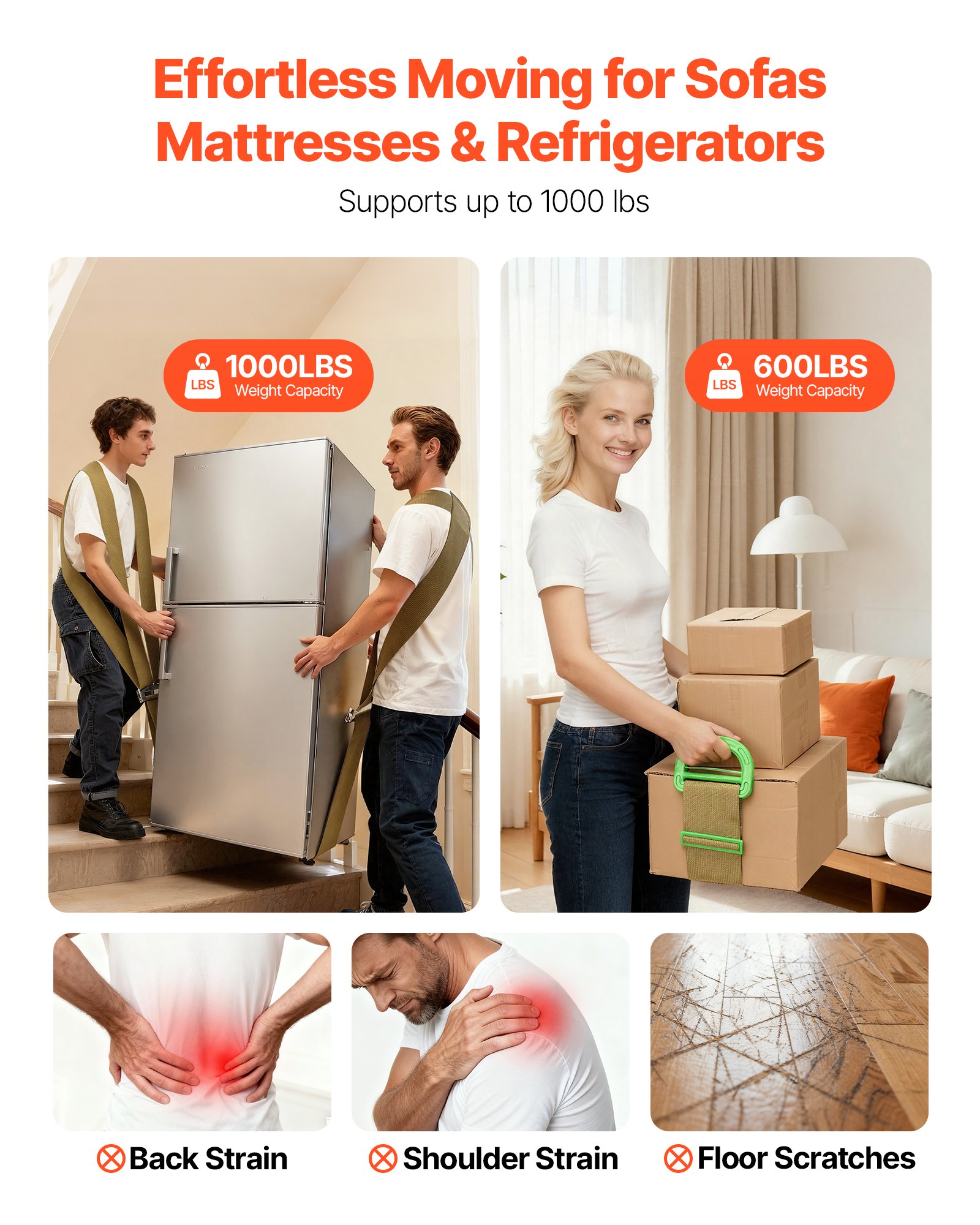 VEVOR Correas de Transporte Ajustables, Sistema de Elevación y Transporte para 2 Personas con 2 Correas, 1 de Transporte y 1 de Mano, para Muebles, Electrodomésticos y Colchones, Cinturón Simple