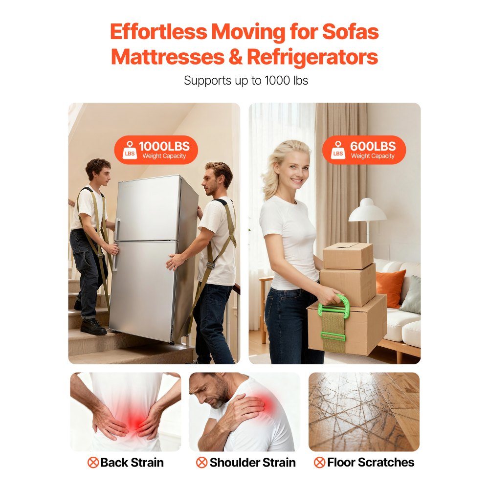 VEVOR Sistema de Elevación y Transporte, para 2 Personas, con 2 Correas, 2 de Transporte y 1 de Mano, Correas de Hombro Ajustables para Mover Muebles, Electrodomésticos y Colchones, Carga 454 kg