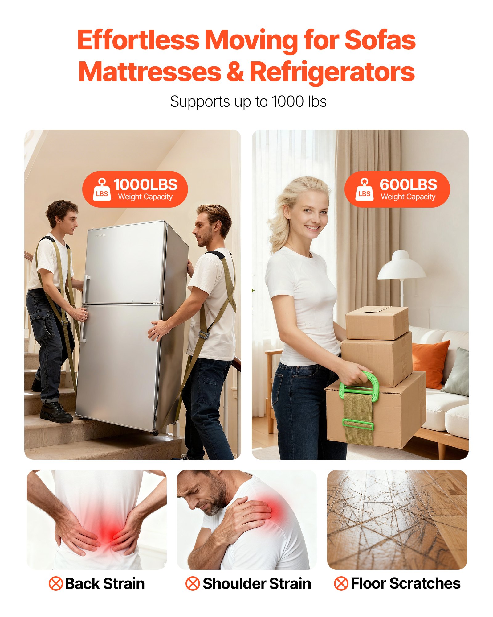 VEVOR Sistema de Elevación y Transporte, para 2 Personas, con 2 Correas, 2 de Transporte y 1 de Mano, Correas de Hombro Ajustables para Mover Muebles, Electrodomésticos y Colchones, Carga 454 kg