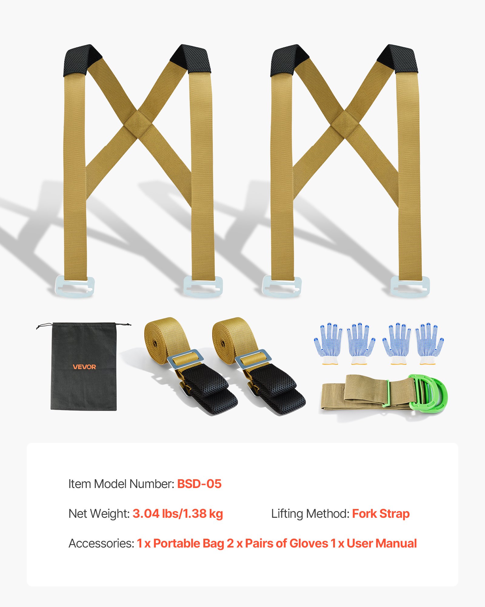 VEVOR Sistema de Elevación y Transporte, para 2 Personas, con 2 Correas, 2 de Transporte y 1 de Mano, Correas de Hombro Ajustables para Mover Muebles, Electrodomésticos y Colchones, Carga 454 kg