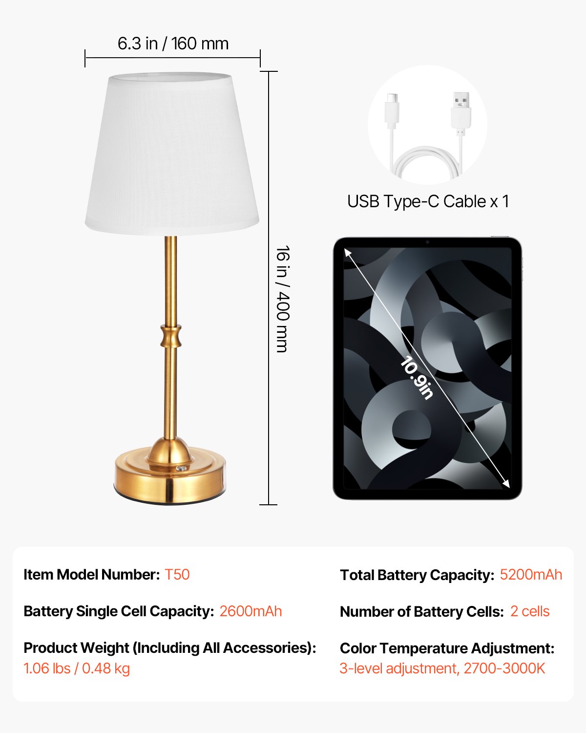 VEVOR Cordless Table Lamp with Fabric Shade & 5200 mAh Built-in Rechargeable Battery, Desk Lamp (16 x 16 x 40 cm), Dimmable (3-Stage), Table Lamp for Bedroom, Gold