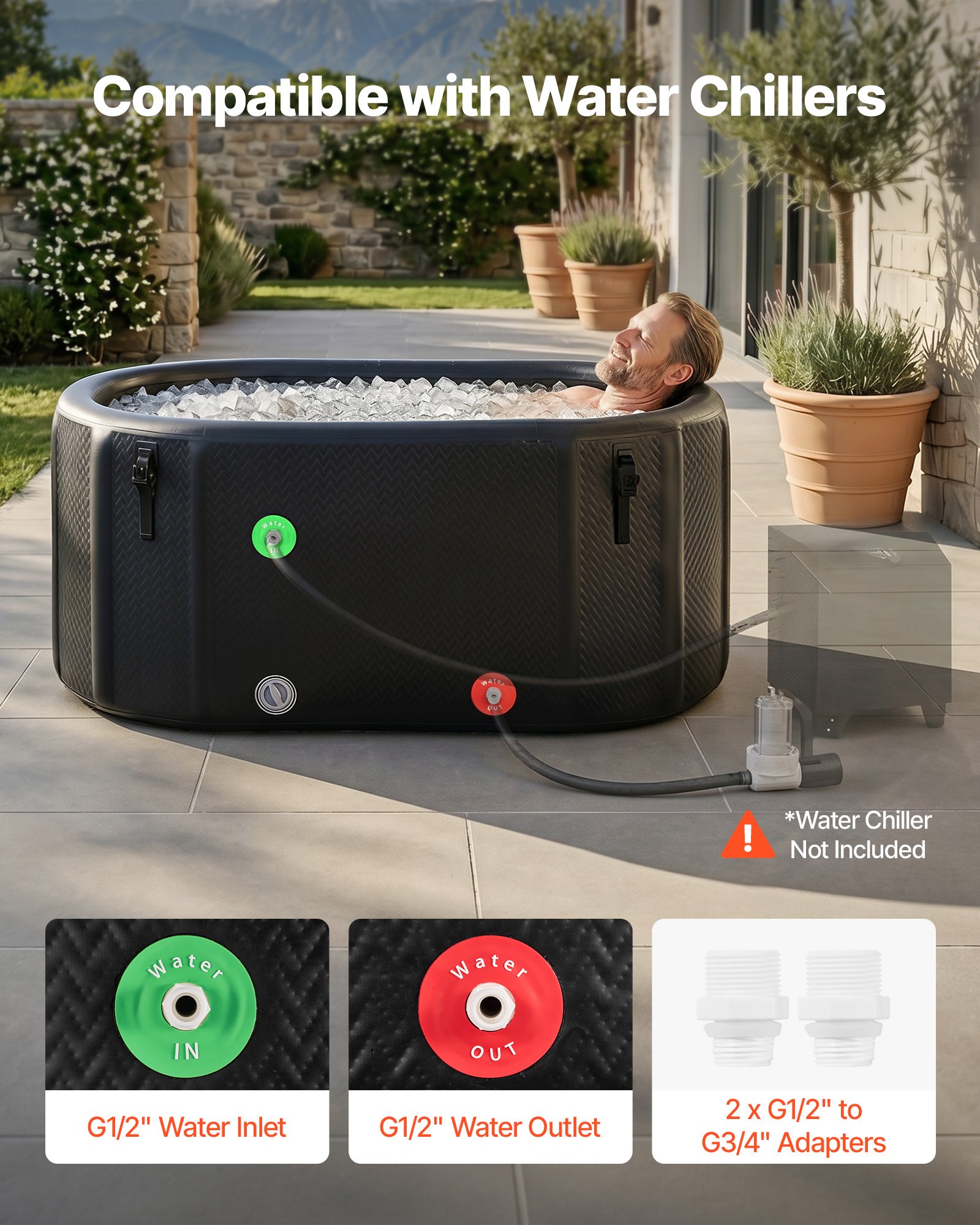 VEVOR Bañera de Inmersión en Agua Fría 817 L Inflable 0,55-0,69 bar Negro, Bañera de Hielo Compatible con Enfriadores de Agua, Con Tapa Aislante, Para Recuperación de Atletas, Enfriador No Incluido