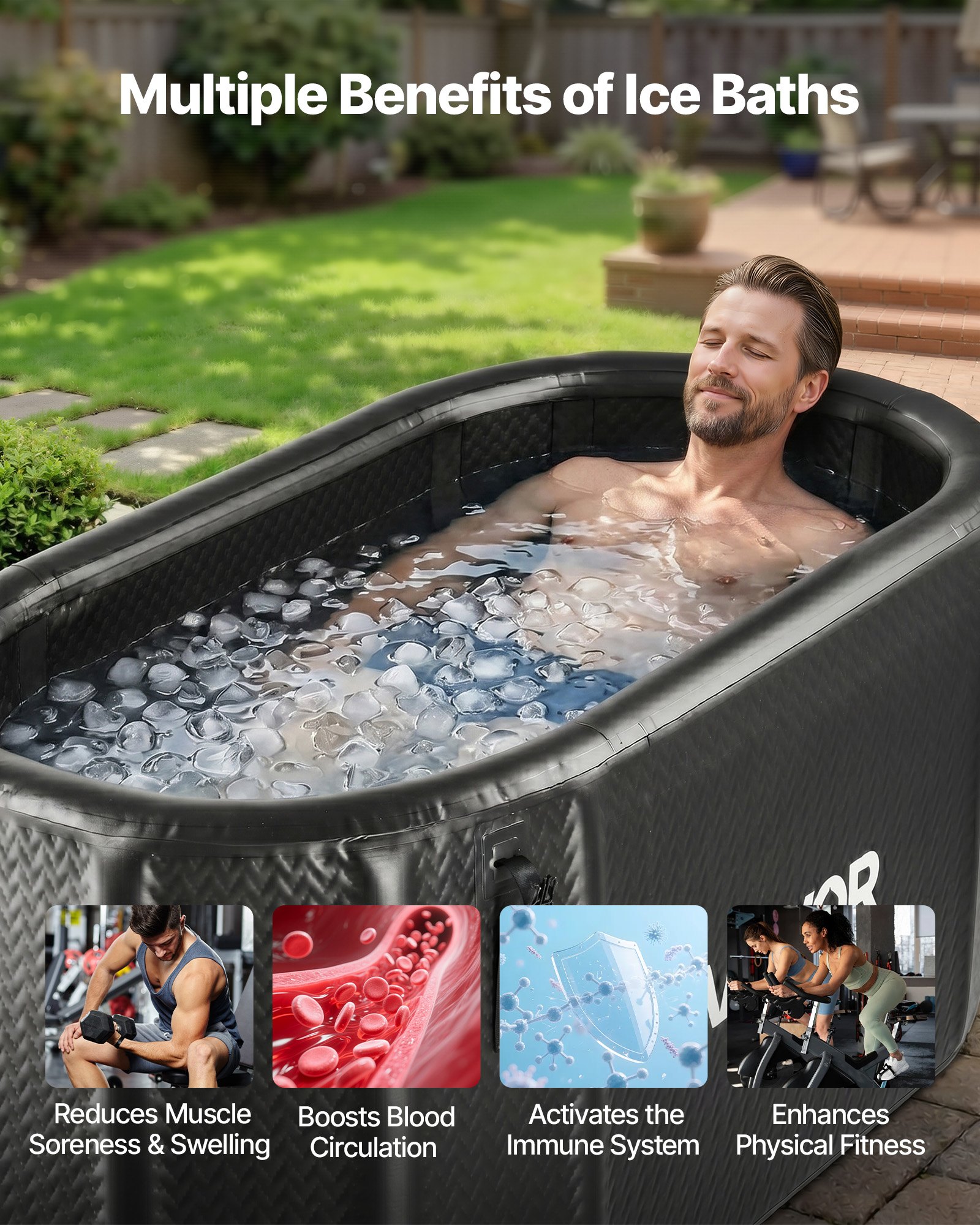 VEVOR Bañera de Inmersión en Agua Fría 817 L Inflable 0,55-0,69 bar Negro, Bañera de Hielo Compatible con Enfriadores de Agua, Con Tapa Aislante, Para Recuperación de Atletas, Enfriador No Incluido
