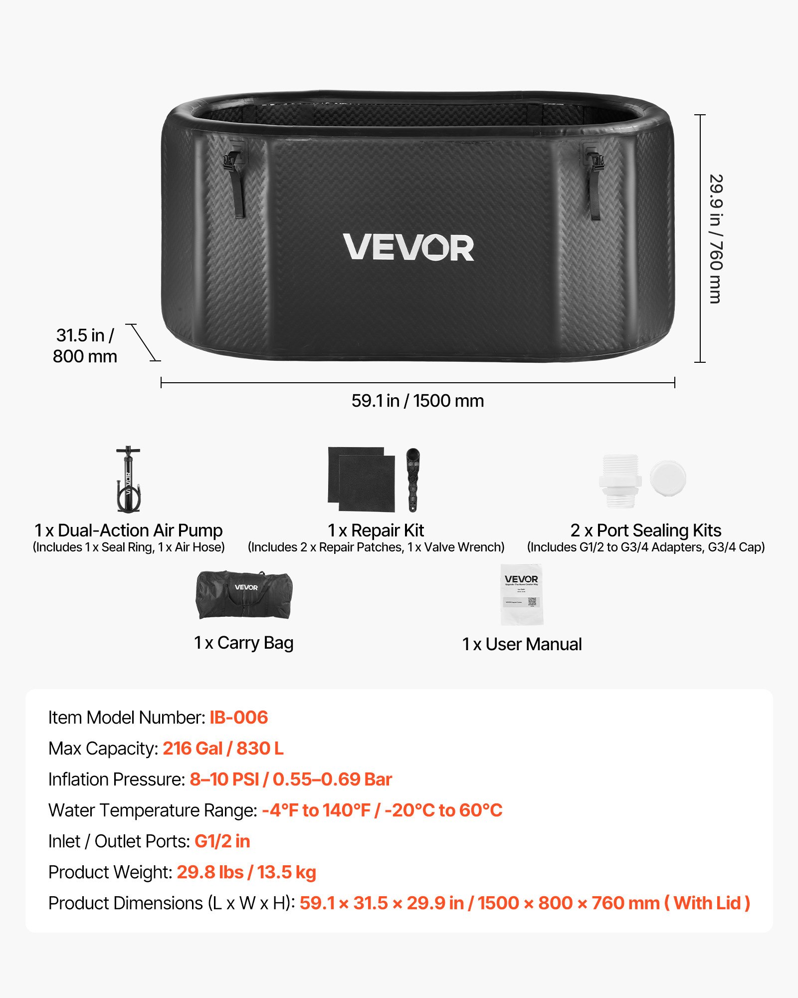 VEVOR Bañera de Inmersión en Agua Fría 817 L Inflable 0,55-0,69 bar Negro, Bañera de Hielo Compatible con Enfriadores de Agua, Con Tapa Aislante, Para Recuperación de Atletas, Enfriador No Incluido