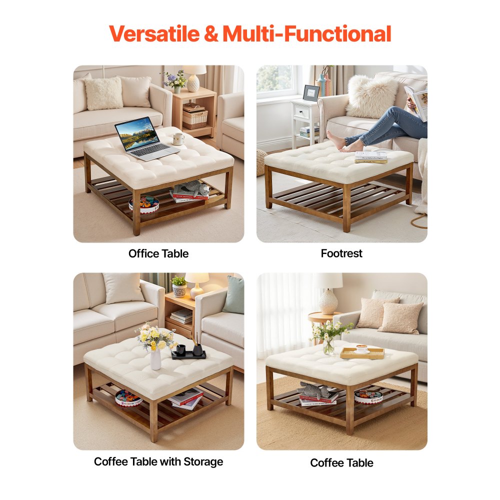 VEVOR Mesa de Centro Otomana, 875 x 875 x 445 mm, Mesa de Café Cuadrada con Estante de Madera Maciza y Reposapiés Tapizado en Lino para Sala de Estar, Capacidad de 181,44 kg, Blanca Crema