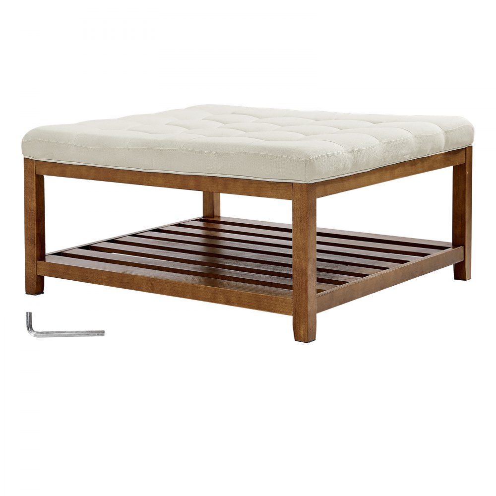 VEVOR Mesa de Centro Otomana, 875 x 875 x 445 mm, Mesa de Café Cuadrada con Estante de Madera Maciza y Reposapiés Tapizado en Lino para Sala de Estar, Capacidad de 181,44 kg, Blanca Crema