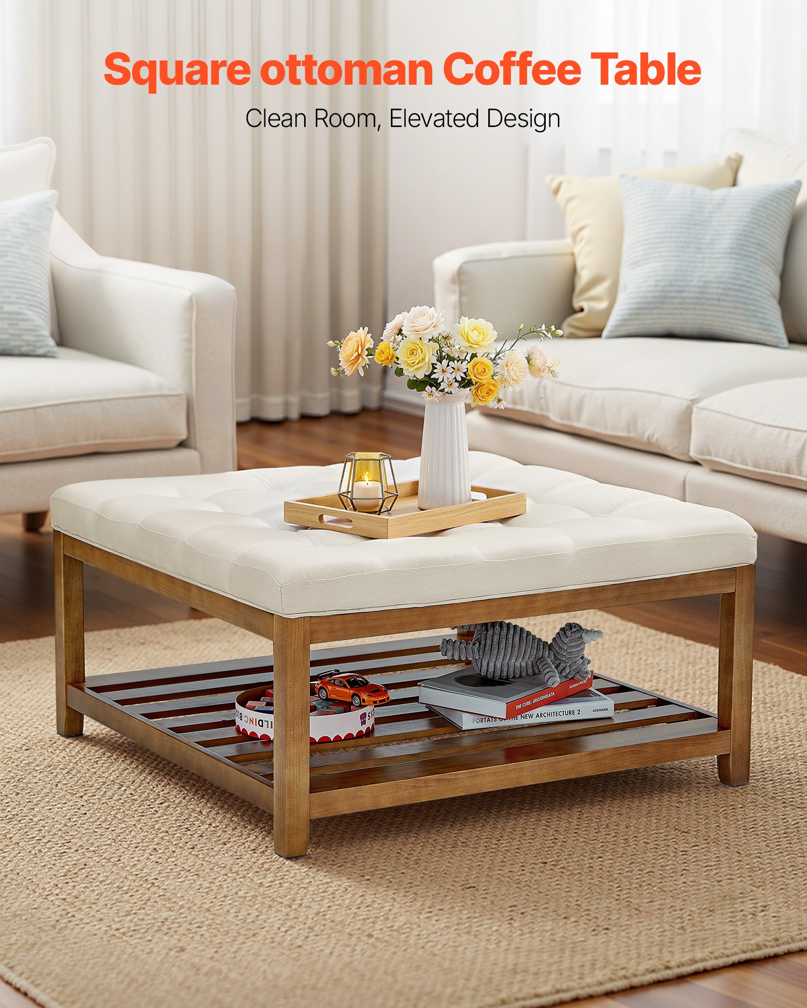 VEVOR Mesa de Centro Otomana, 875 x 875 x 445 mm, Mesa de Café Cuadrada con Estante de Madera Maciza y Reposapiés Tapizado en Lino para Sala de Estar, Capacidad de 181,44 kg, Blanca Crema