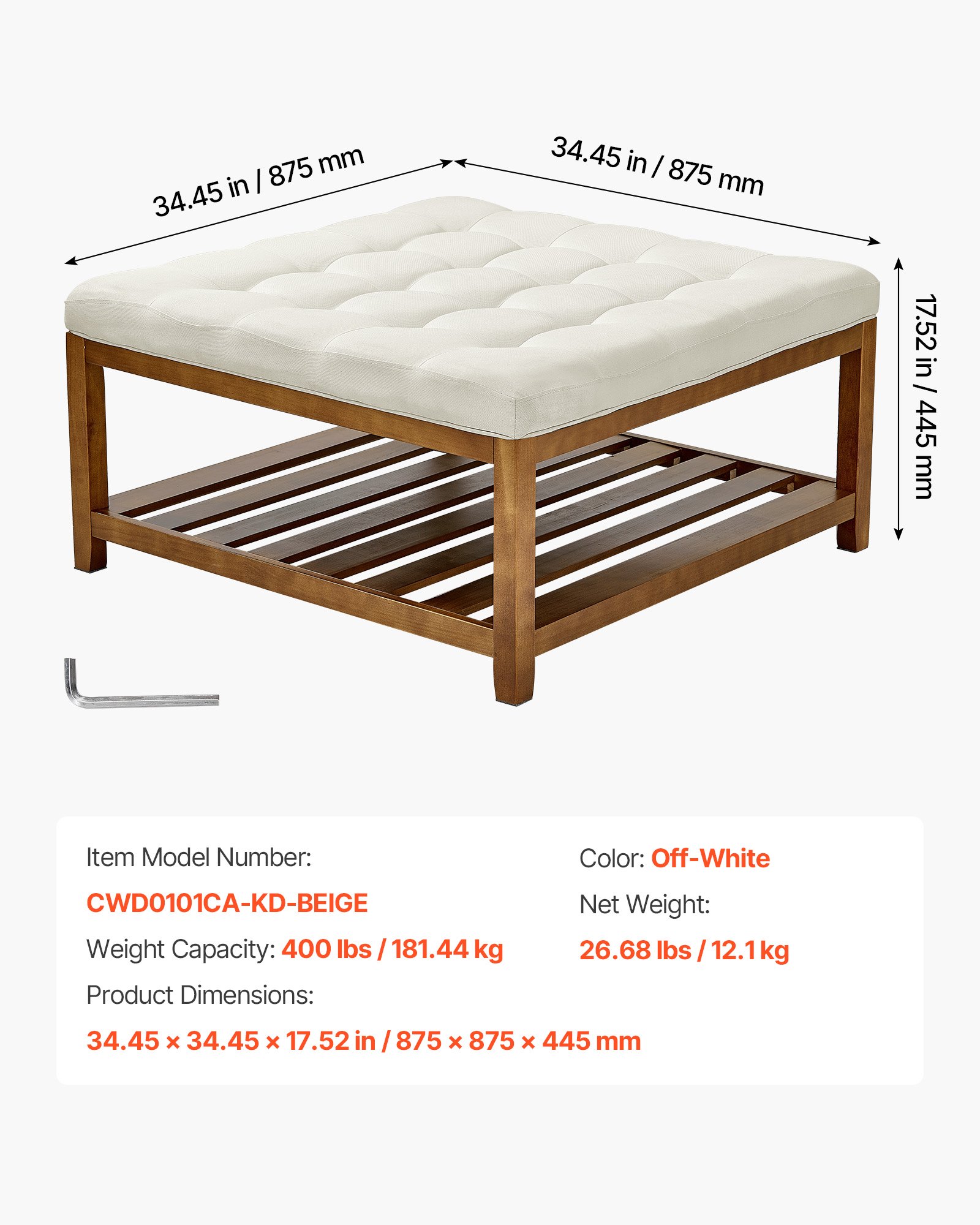 VEVOR Mesa de Centro Otomana, 875 x 875 x 445 mm, Mesa de Café Cuadrada con Estante de Madera Maciza y Reposapiés Tapizado en Lino para Sala de Estar, Capacidad de 181,44 kg, Blanca Crema