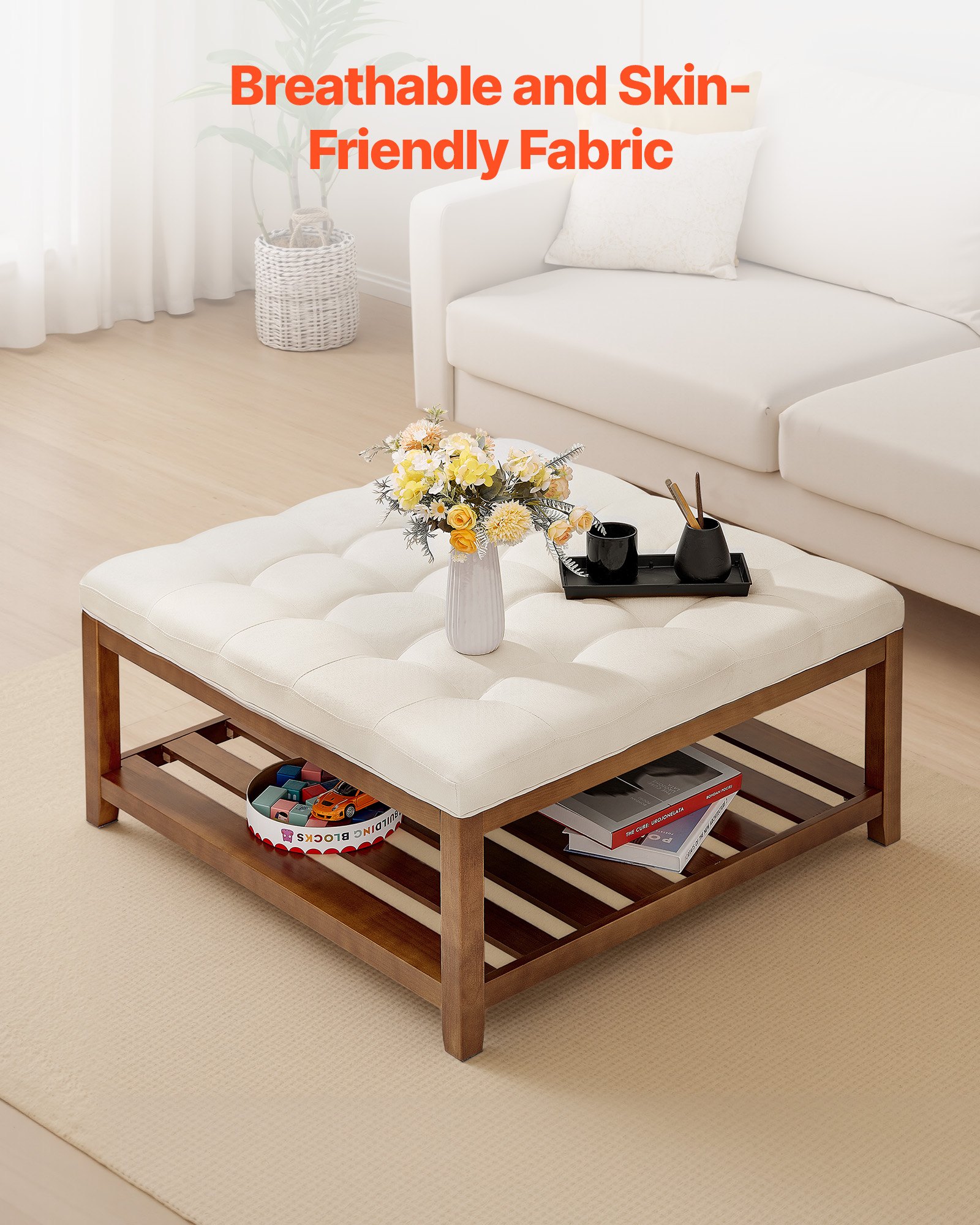 VEVOR Mesa de Centro Otomana, 875 x 875 x 445 mm, Mesa de Café Cuadrada con Estante de Madera Maciza y Reposapiés Tapizado en Lino para Sala de Estar, Capacidad de 181,44 kg, Blanca Crema