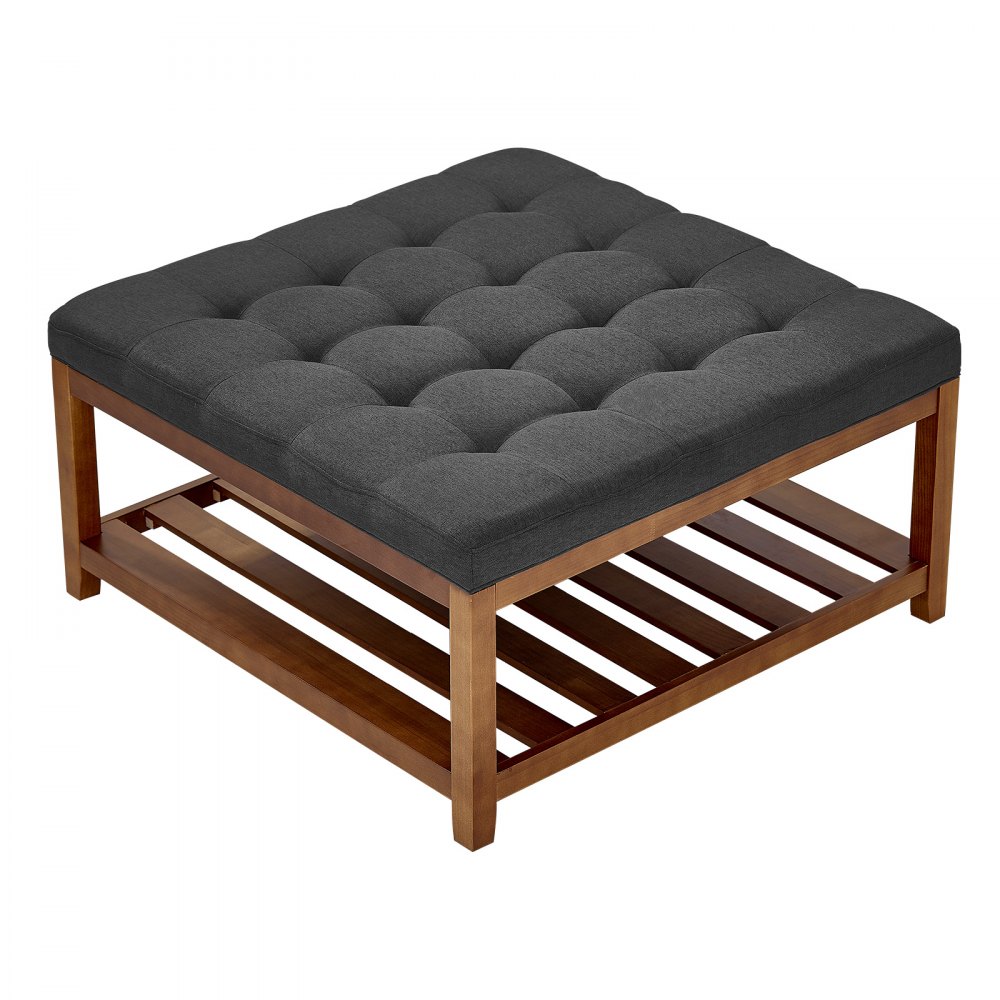 VEVOR Mesa de Centro Otomana, 875 x 875 x 445 mm, Mesa de Café Cuadrada con Estante de Madera Maciza y Reposapiés Tapizado en Lino para Sala de Estar, Capacidad de 181,44 kg, Gris Oscuro