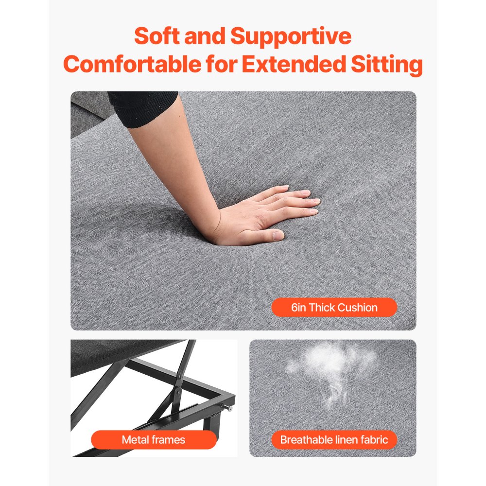 VEVOR Sofá Cama en Forma de U, Sofá Cama Convertible 287 x 145 x 91 cm con 2 Bolsillos Laterales, 2 Almohadas y Chaise Longue Doble, Extraíble de 6 Plazas para Salón o Apartamento, Color Gris