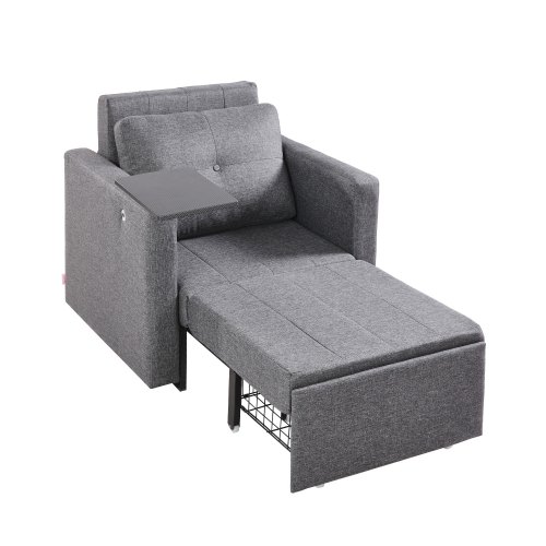 VEVOR Sofá Cama Convertible, Sofá Cama Individual con Bolsillo Lateral, Almohada, Reposabrazos y Tablero de Escritorio, Respaldo Ajustable en 5 Ángulos, 2 Ruedas y Compartimento Inferior, Gris