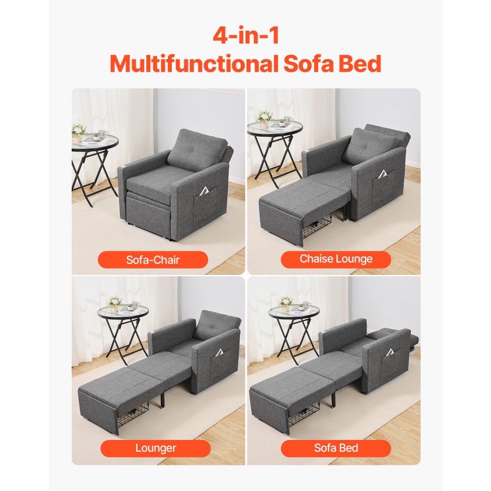 VEVOR Sofá Cama Convertible, Sofá Cama Individual con Bolsillo Lateral, Almohada, Reposabrazos y Tablero de Escritorio, Respaldo Ajustable en 5 Ángulos, 2 Ruedas y Compartimento Inferior, Gris