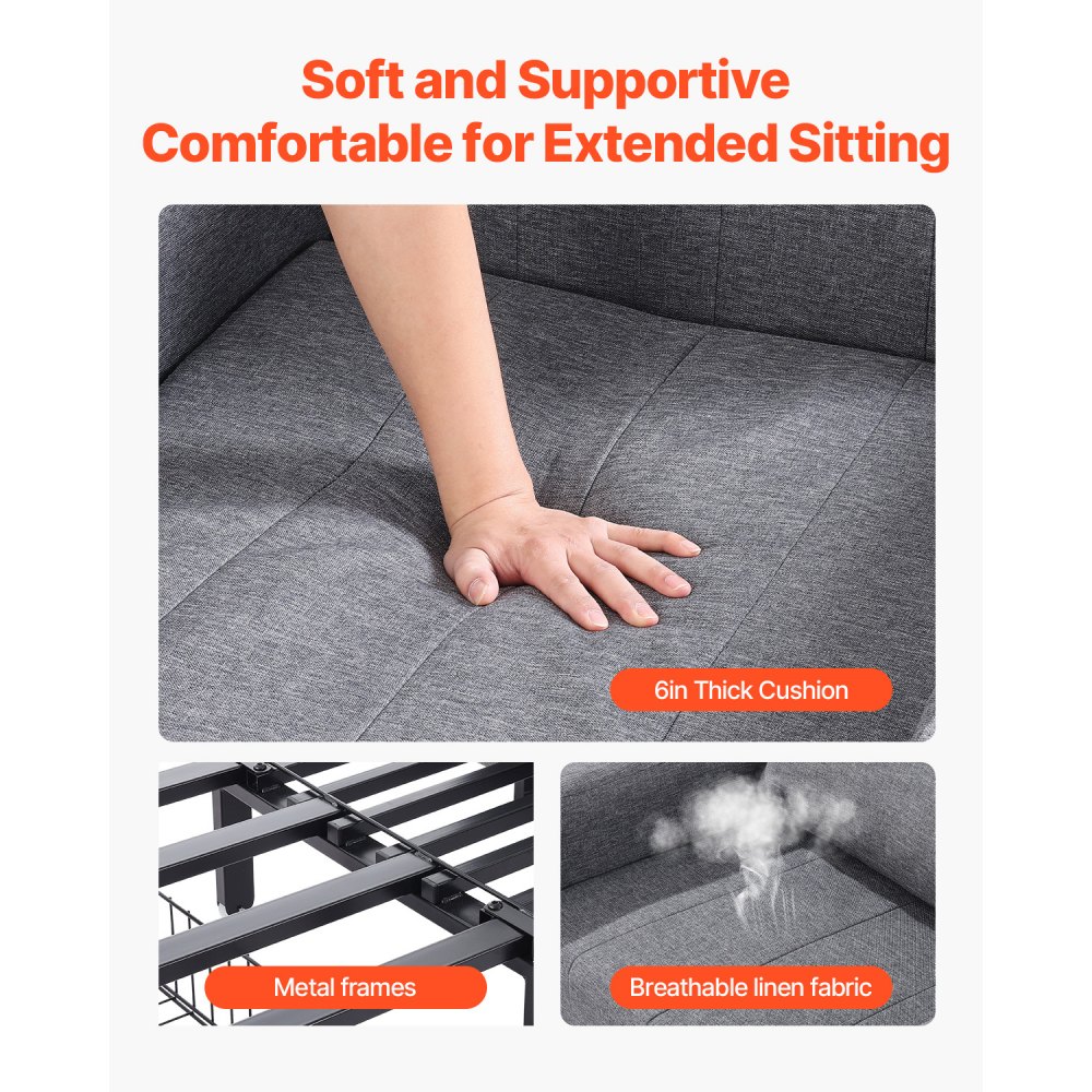 VEVOR Sofá Cama Convertible, Sofá Cama Individual con Bolsillo Lateral, Almohada, Reposabrazos y Tablero de Escritorio, Respaldo Ajustable en 5 Ángulos, 2 Ruedas y Compartimento Inferior, Gris