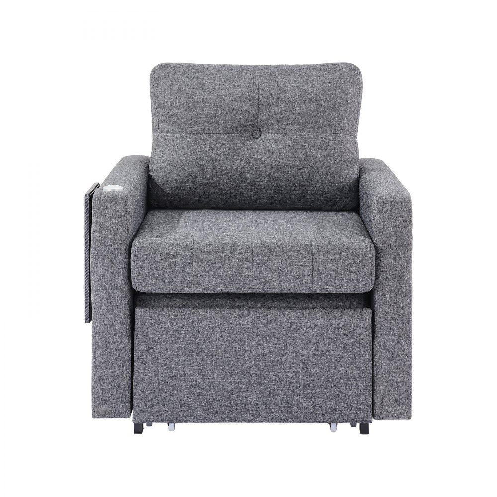 VEVOR Sofá Cama Convertible, Sofá Cama Individual con Bolsillo Lateral, Almohada, Reposabrazos y Tablero de Escritorio, Respaldo Ajustable en 5 Ángulos, 2 Ruedas y Compartimento Inferior, Gris