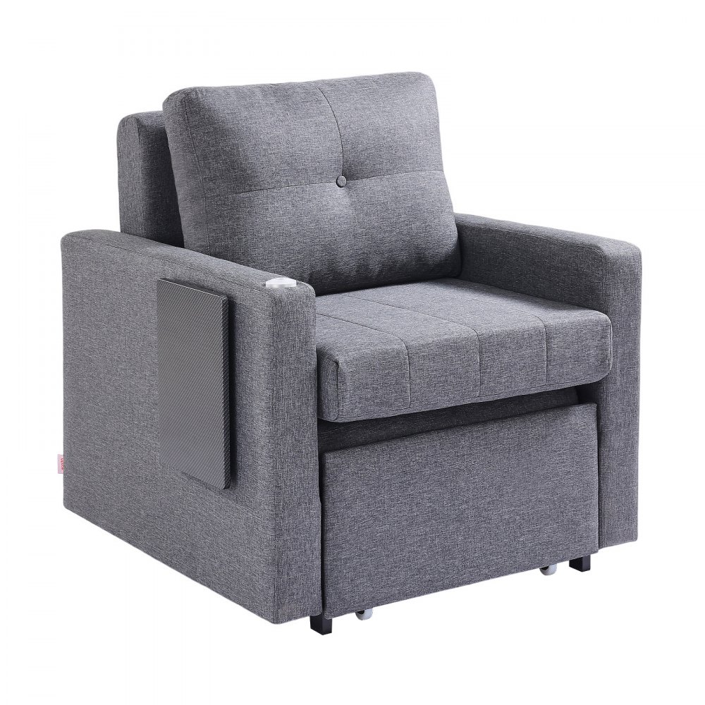 VEVOR Sofá Cama Convertible, Sofá Cama Individual con Bolsillo Lateral, Almohada, Reposabrazos y Tablero de Escritorio, Respaldo Ajustable en 5 Ángulos, 2 Ruedas y Compartimento Inferior, Gris