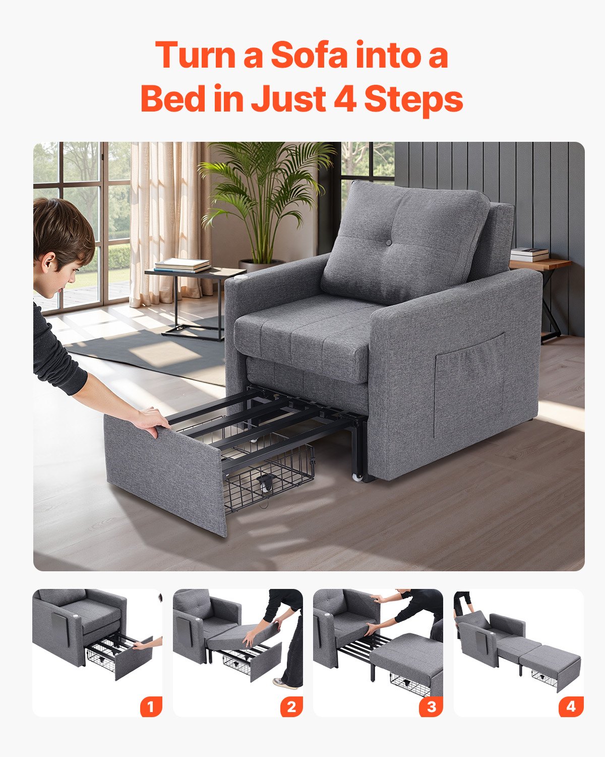 VEVOR Sofá Cama Convertible, Sofá Cama Individual con Bolsillo Lateral, Almohada, Reposabrazos y Tablero de Escritorio, Respaldo Ajustable en 5 Ángulos, 2 Ruedas y Compartimento Inferior, Gris