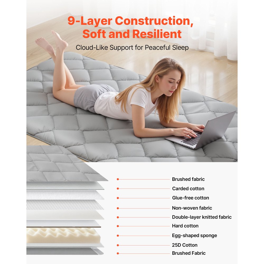 VEVOR Colchón Futón Japonés, Tatami Plegable Tamaño Individual, con Bolsa de Almacenamiento y Herrajes de Montaje, Esterilla de 9 Capas para Meditación y Yoga, Color Gris, 2032 x 991 x 63,5 mm