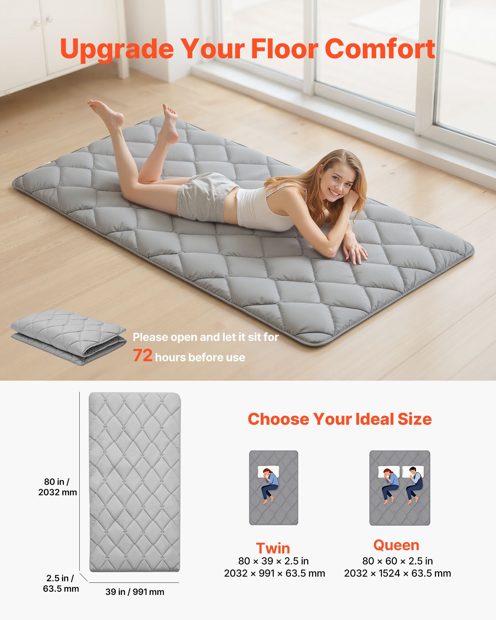 VEVOR Colchón Futón Japonés, Tatami Plegable Tamaño Individual, con Bolsa de Almacenamiento y Herrajes de Montaje, Esterilla de 9 Capas para Meditación y Yoga, Color Gris, 2032 x 991 x 63,5 mm