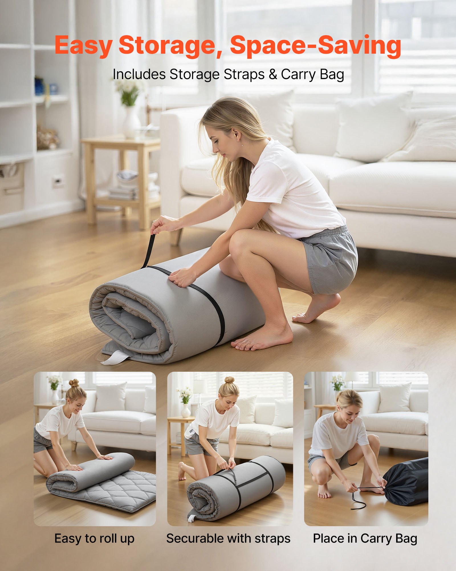 VEVOR Colchón Futón Japonés, Tatami Plegable Tamaño Individual, con Bolsa de Almacenamiento y Herrajes de Montaje, Esterilla de 9 Capas para Meditación y Yoga, Color Gris, 2032 x 991 x 63,5 mm